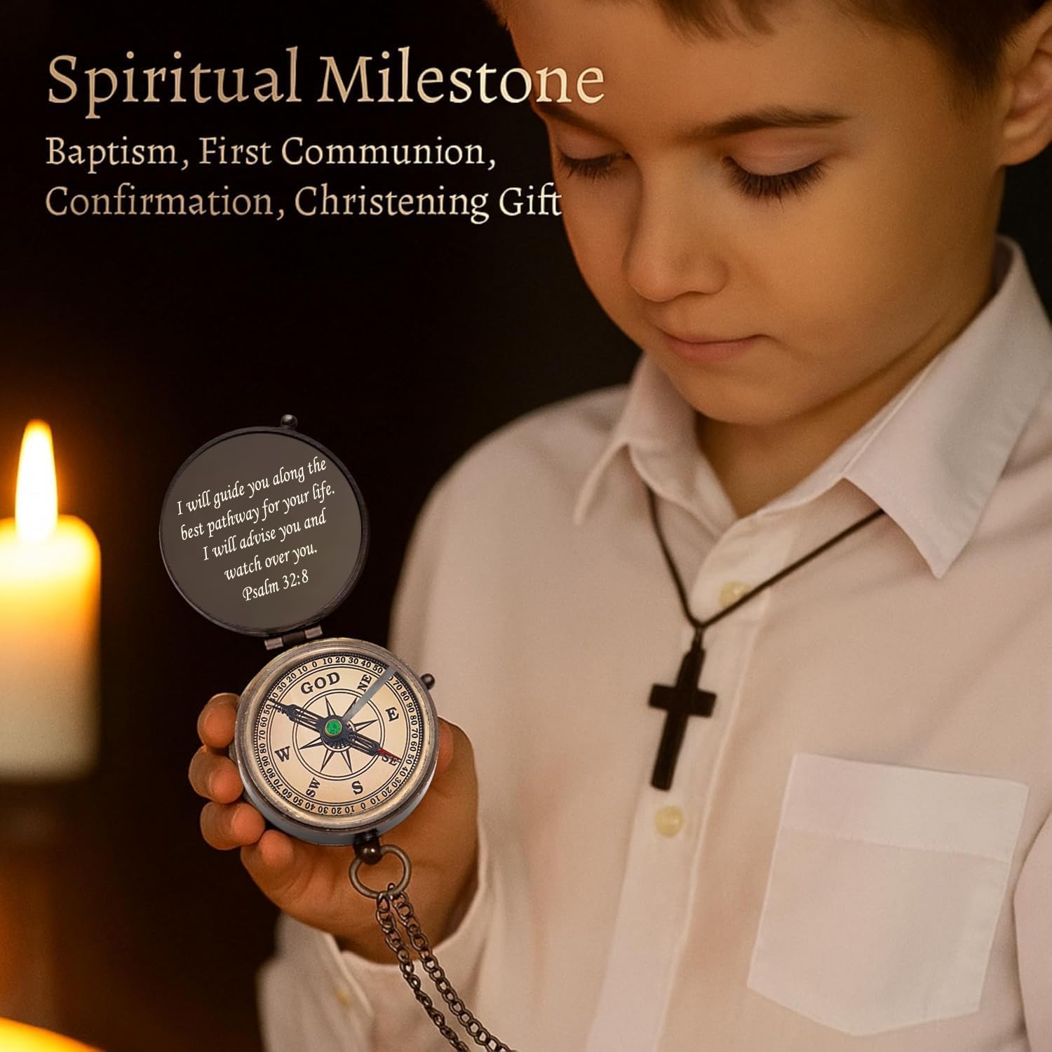 I Will Guide You Along The Best Pathway Paslm 32:8 Solid Brass Directional Engraved Compass, Baptism Gifts for Boys Girls, Gift for Men, First Confirmation Gift, Christian Gifts