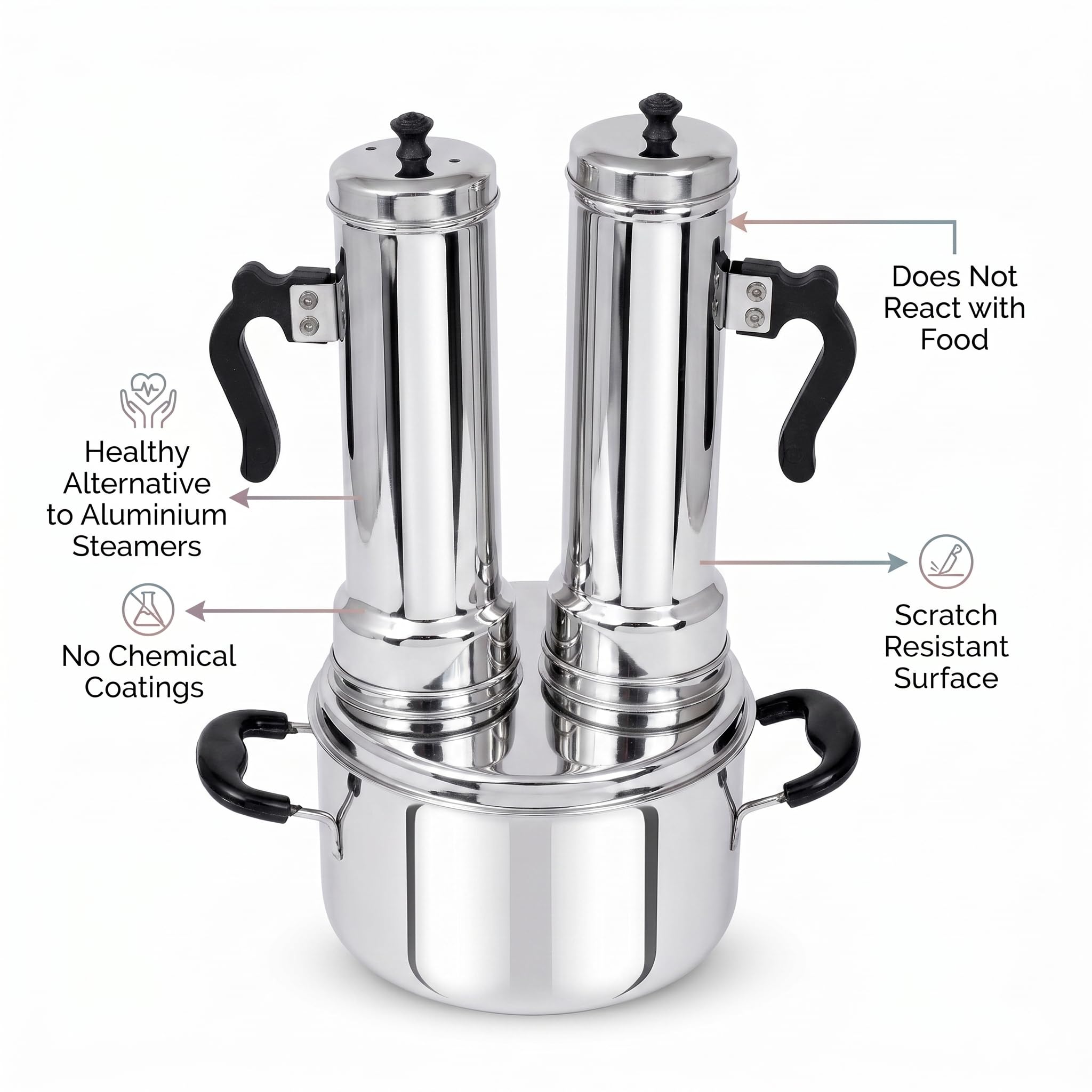 Nakshathra Stainless Steel Puttu Maker with Steamer, Puttu Kudam, 2 Puttu Pipe & Free One Extra Pipe, Gas & Induction Compatible, Durable Food-Grade Rice Cake Maker 3
