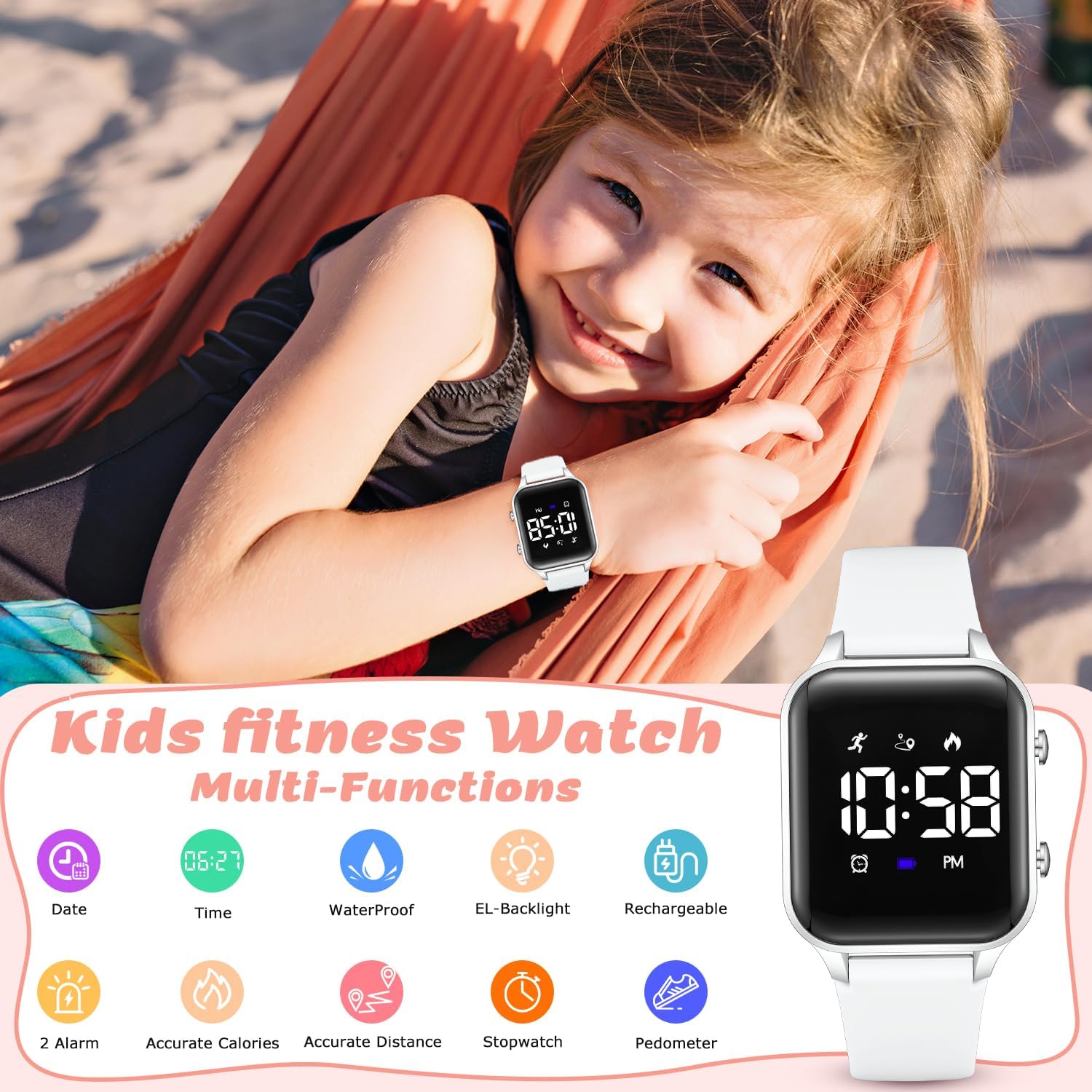Kinder-Digitaluhr mit Schrittzähler, wasserdichte Sportuhren für Jungen Mädchen Teenager, All-in-One-Fitness-Tracker mit lautlosem Vibrationsalarm, Schrittzähler, Kalorien, Stoppuhr, keine App