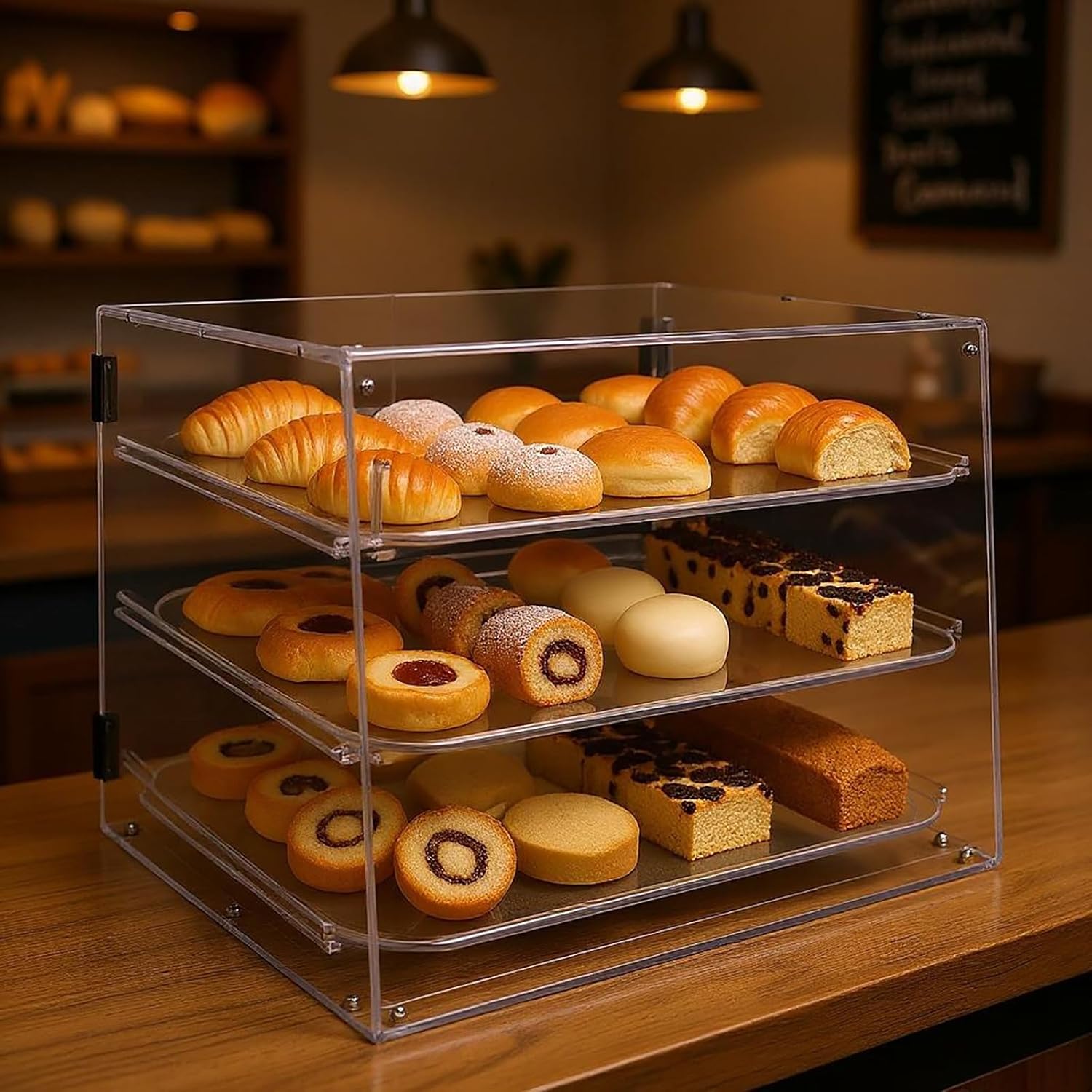 3-Tier Clear Pastry Display Cabinet, Commercial Acrylic Bakery Display Case with Magnetic Door & Removable Trays for Desserts Candy, 21.26" L x 17.32" W x 16.53" H