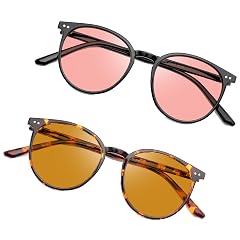 JFXQDR 2 Pack Indoor Fluorescent-41 Pink Outdoor Fluorescent-60 Brown Round Tinted Blue Light Blocking Glasses for Migraine Light