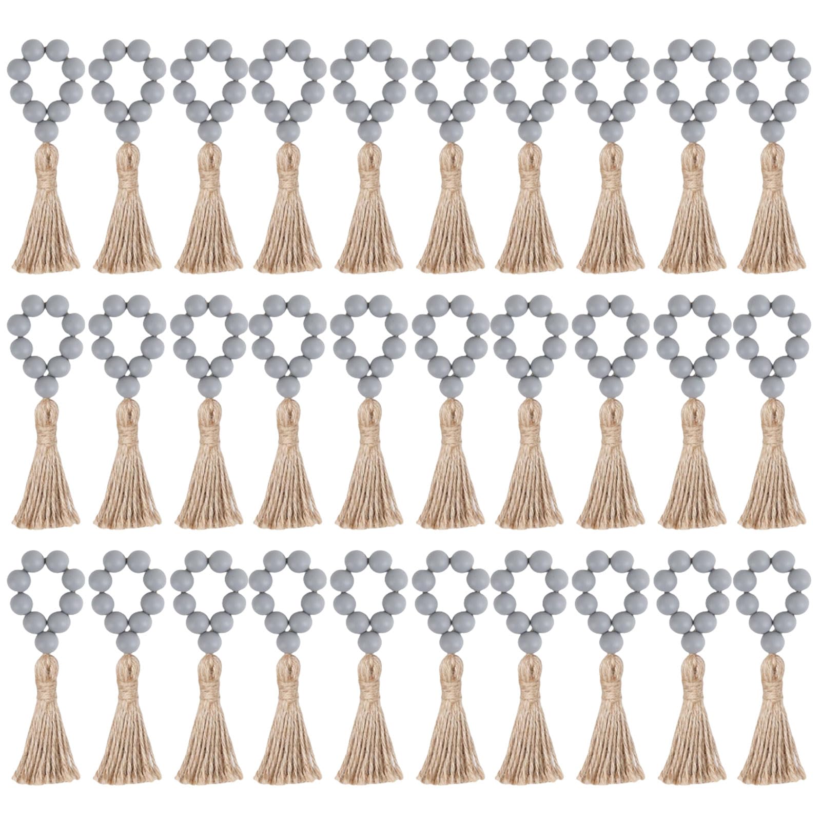 Tsophreniq 30pcs Simple Wood Bead Napkin Rings Farmhouses Styles Elastic Rings with Wood Beads and Linen Tassels Circlets
