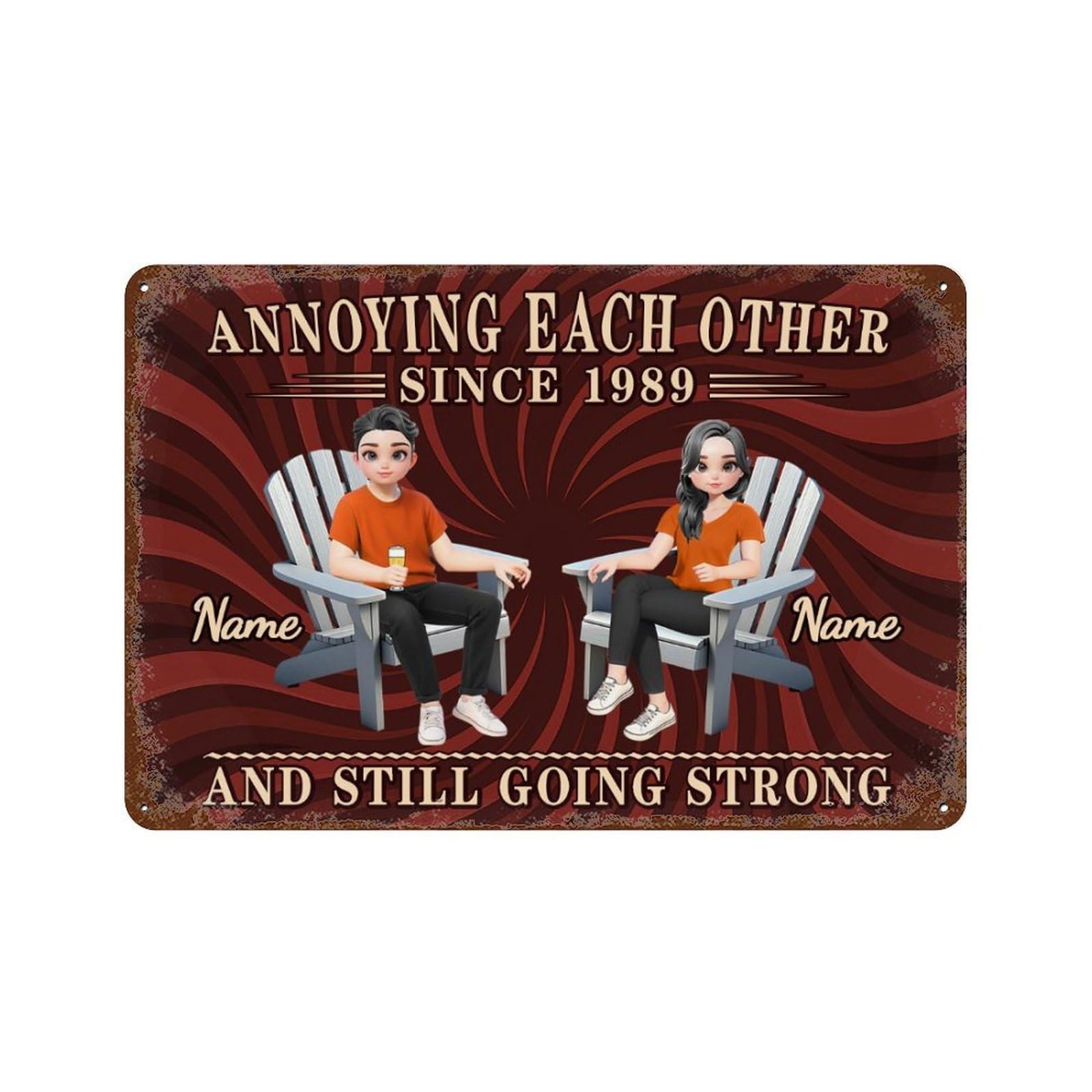 Custom Annoying Each Other Since Couple Metal Sign for Wife Husband Grandparents Personalized Couple Name Cartoon Portrait Rustic Plaque for Patio Garden Farmhouse Porch Man Cave Garage