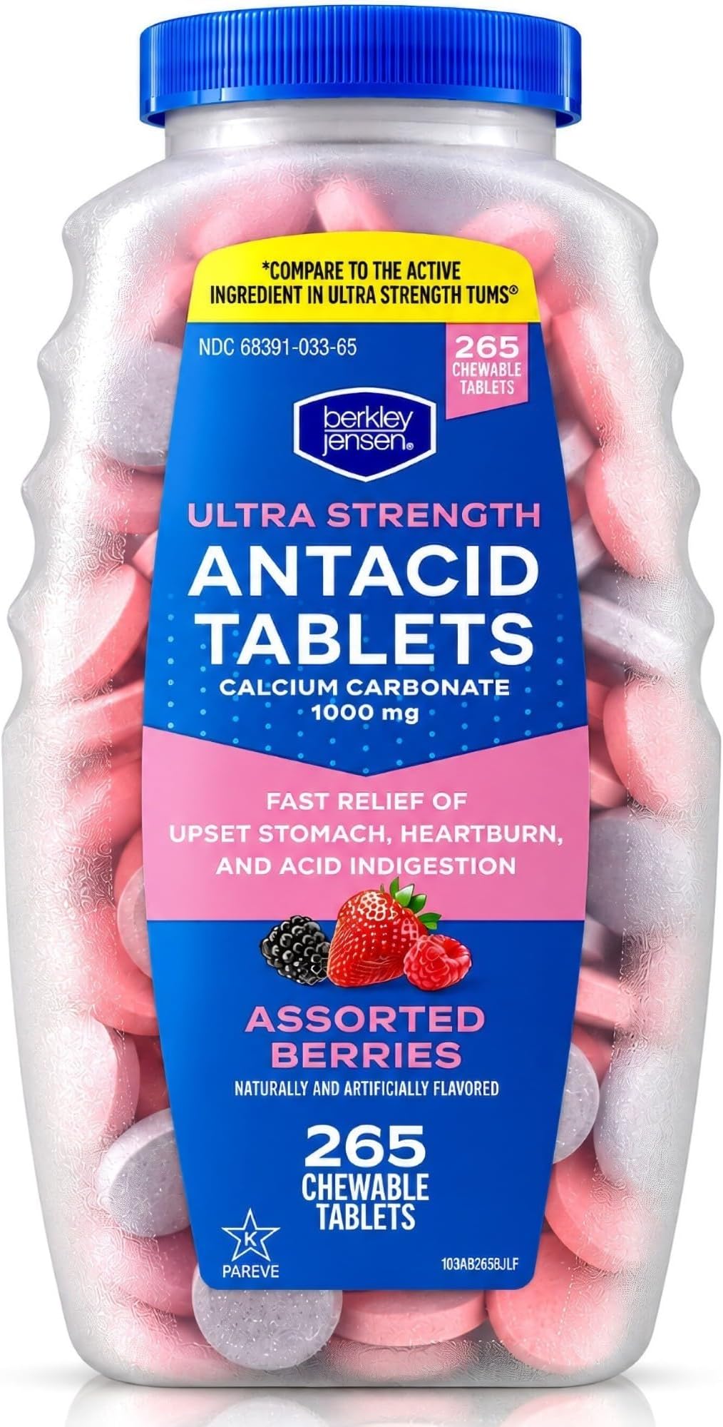 berkley jensen Ultra Strength Antacid Tablets Chewable - 1000mg Calcium Carbonate Antacids for Heartburn, Acid Indigestion, Upset Stomach Relief - Assorted Berry Flavor - 265 Tablets (Pack of 2)