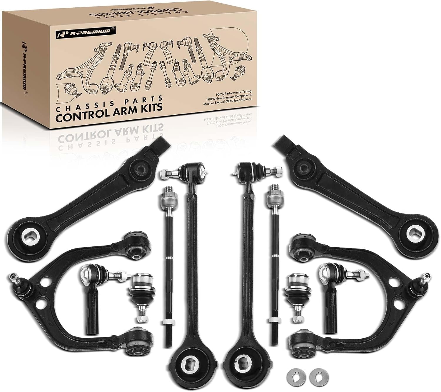 A-Premium Set of 12, Front Upper & Lower Forward Rearward Control Arm Lower Rearward Ball Joint Inner Outer Tie Rod End, Compatible with Dodge Charger Challenger Magnum, Chrysler 300, 2005-2010