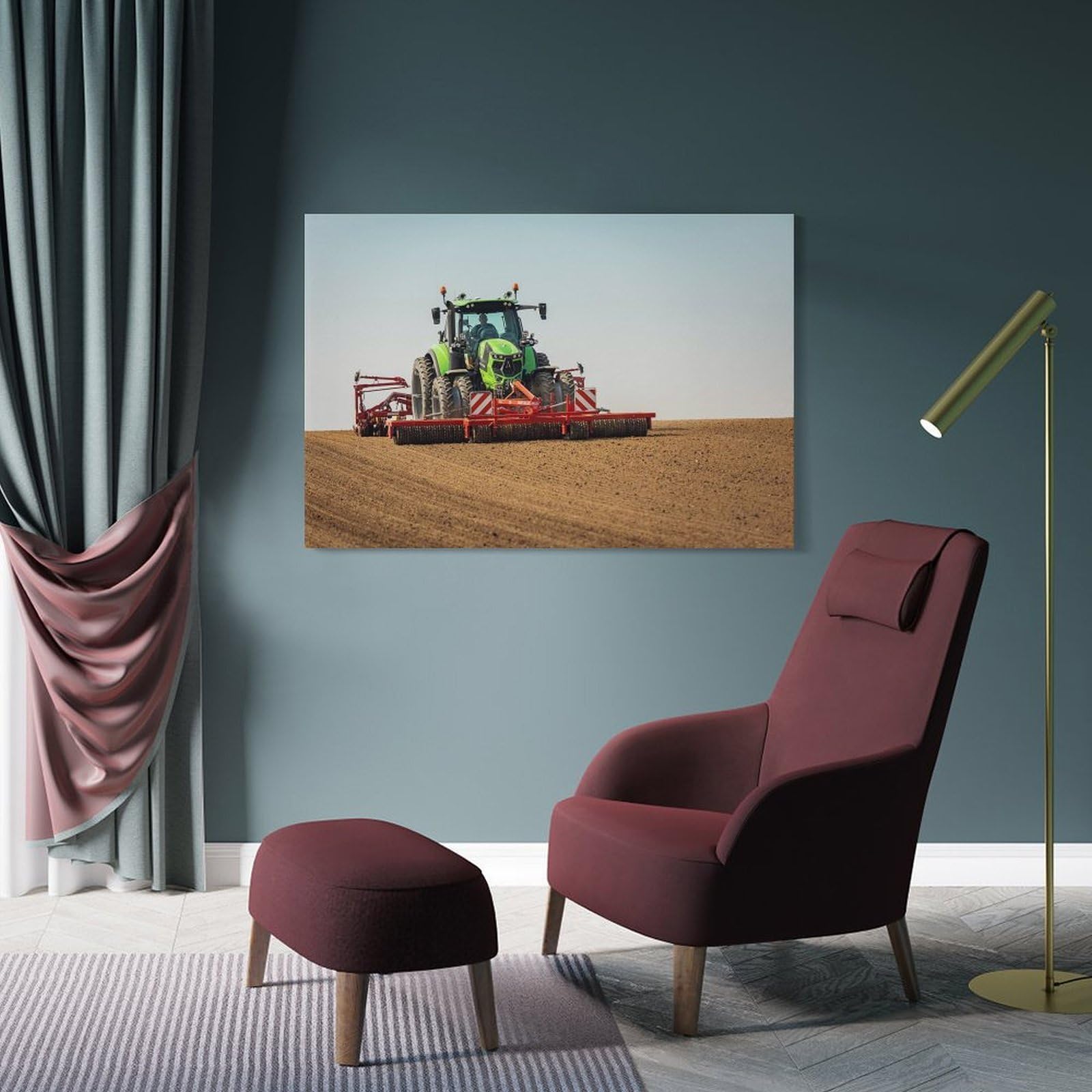 Junmoney Frame-Style-22 Hanging Wall Art Tractor With Cultivator For Farming, 24X36inch(60X90cm), For Entryway, Lounge Links Or Small Walls, A Neat Decor Update For Hallways