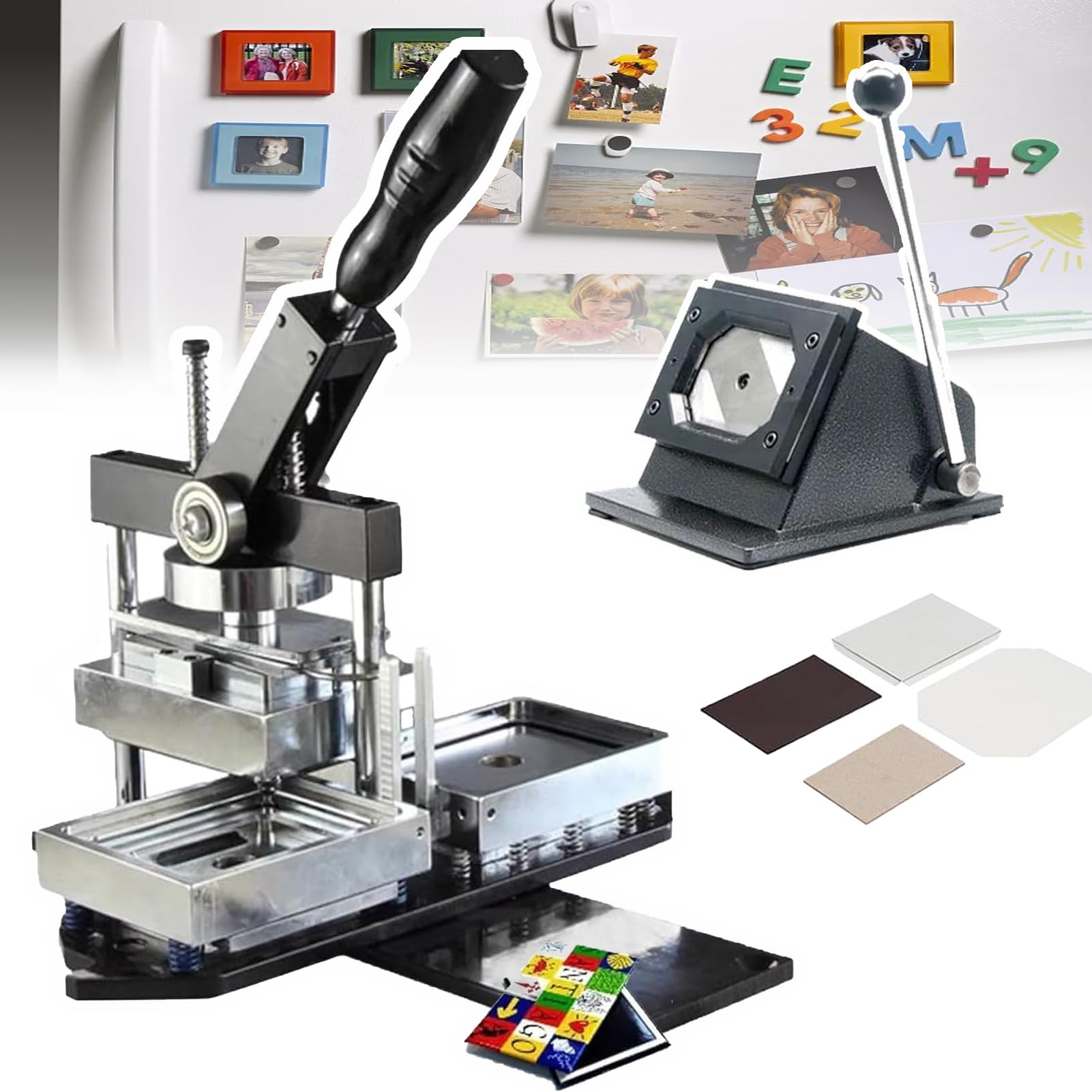 3x2 in/3.5x2.5 in Square Magnet Maker Machine Kit with 100Pcs Consumables, Includes Paper Cutte, DIY Photo Magnet Making Press for Home Business Custom Fridge Badges Magnets