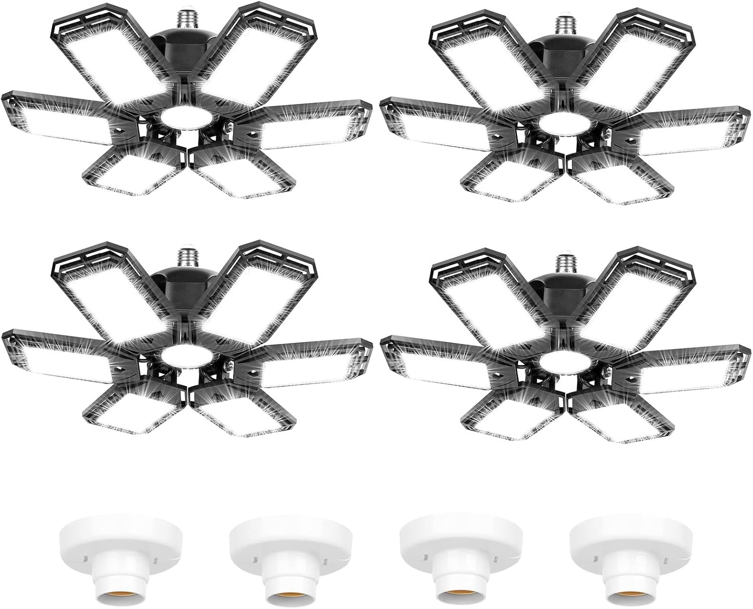 4 Pack LED Garage Lights 180W Deformable 18000LM Close to Ceiling Light Fixtures E26 E27 Screw-in Six Leaf Glow Lighting, Ultra Bright LED Shop Light with 6 Adjustable Panels for Work Shop Warehouse