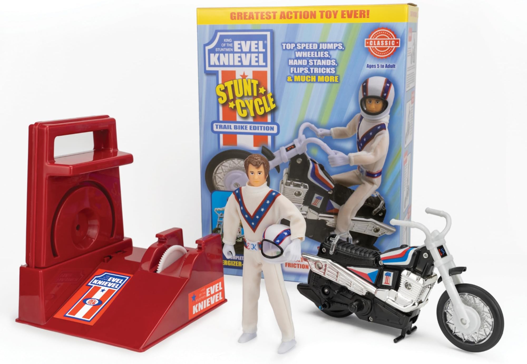 Evel Knievel Stunt Cycle - The Amazing Wind Up and Go Action Toy Launcher for Ultimate Jumps, Crashes, Flips and More - 8 Inch Bike Jumps Anywhere from 100 to 150 Feet - Original 1970's Stunt Bike.