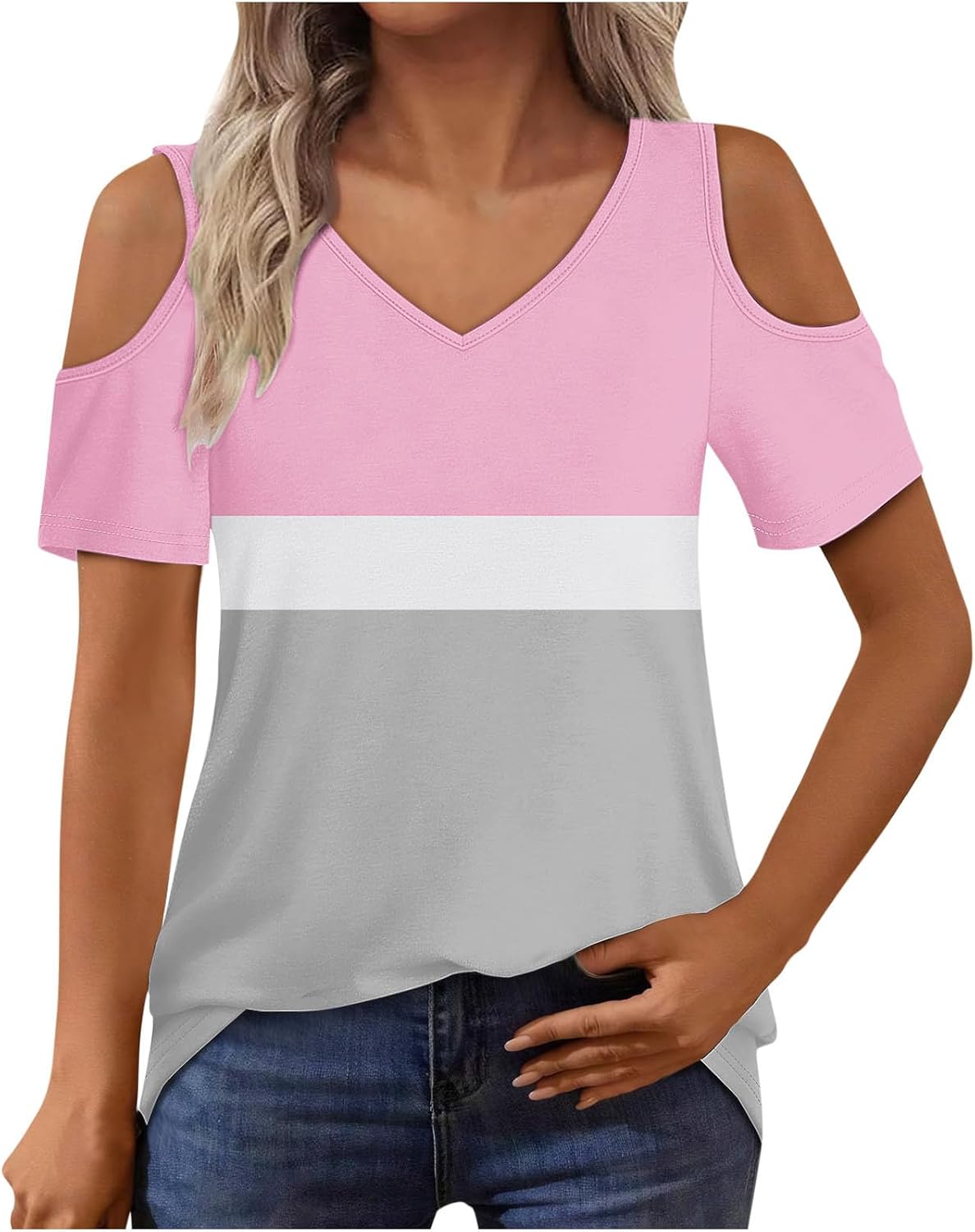 Womens Color Block Shirt Tops Fashion V Neck Cold Shoulder T-Shirts Casual Summer Fashionable Versatile Blouse Top