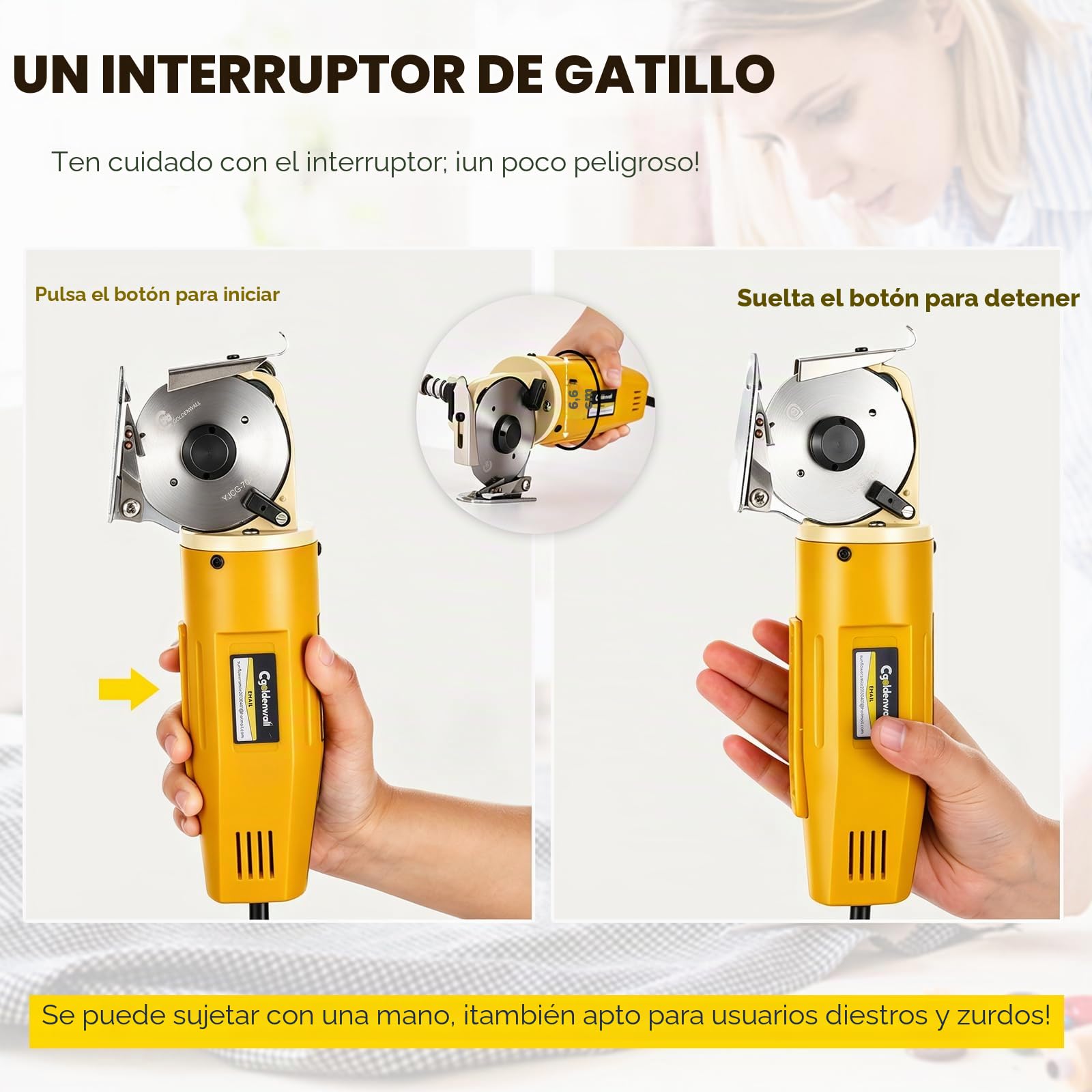 CGOLDENWALL YJ-70A Cortador de Tela Eléctrico Portátil Tijera Eléctrico Redondo Cortador de Gamuza Multiuso Ideal para Textil Cuero Papel con Cuchilla de Diámetro 125mm 220V