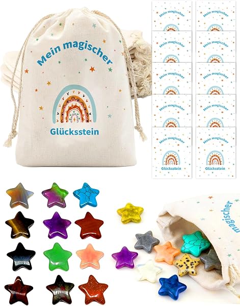 VERTOYCO 12 Set Glückssteine für Kinder, Sternförmigen Glückssteine mit einem Jutesäckchen und einer kleinen Karte geliefert,Für Kindergeburtstag Gastgeschenke, (Regenbogen) - 1