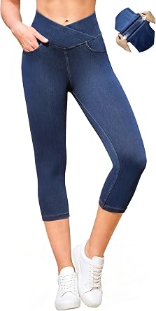 IUGA Stretchy Capri Jeans for Women Pull On Jeggings Tummy Control Jean Capris Pants Capri Leggings for Women with Pockets