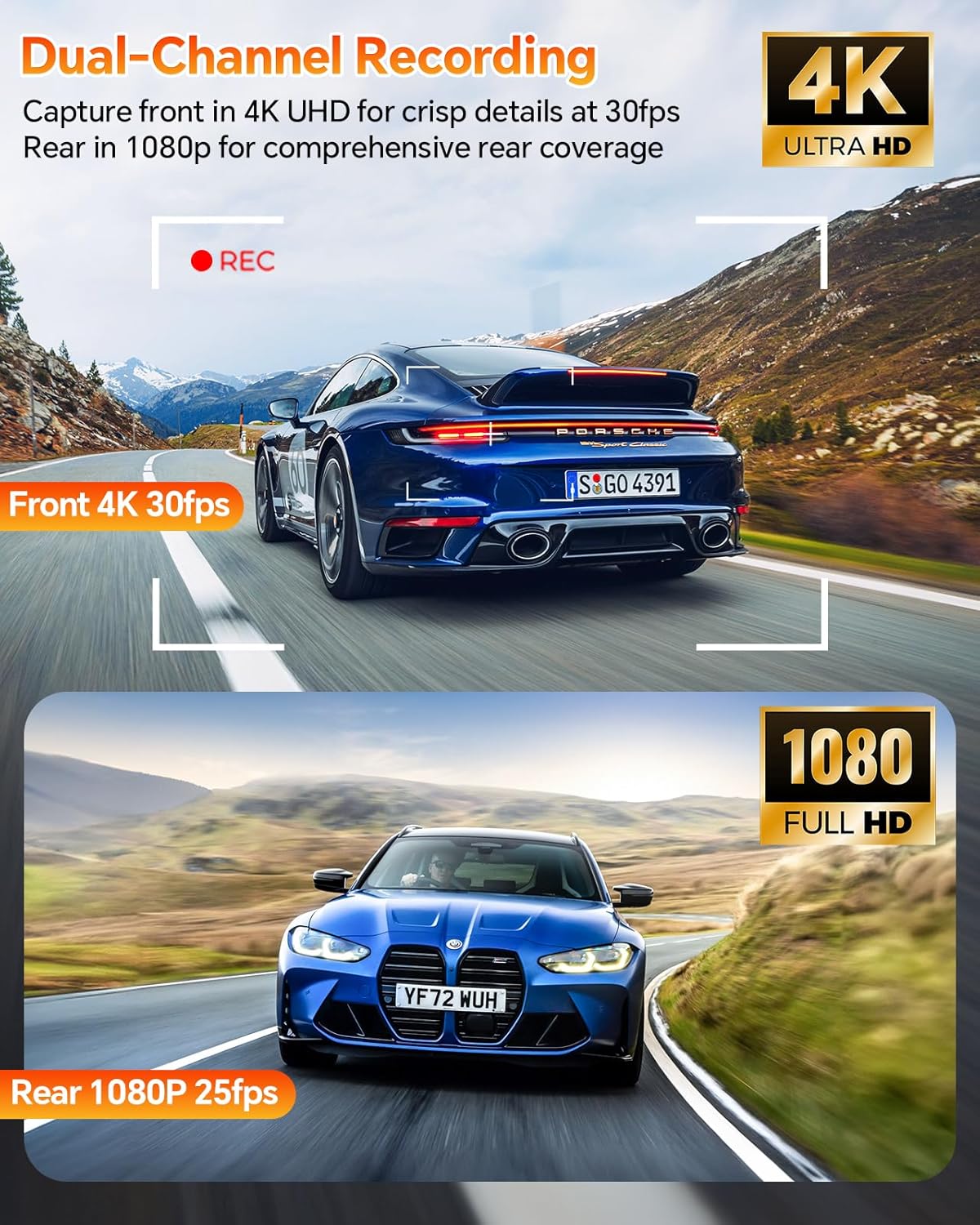 Dash Cam Front and Rear, 4K+1080P Dual Dash Camera for Cars with 64GB Card, Built-in WiFi & GPS, Dashboard Camera Dashcam with App Control, 170° Wide Angle, Loop Recording, 24 Hours Parking Monitor