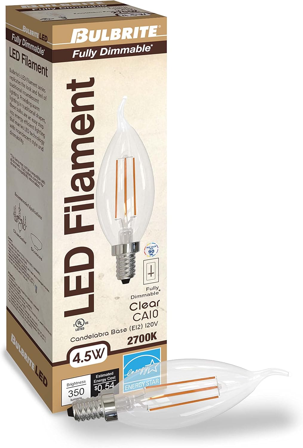 Bulbrite Pack of (4) 4.5 Watt Dimmable Clear Filament CA10 Candelabra (E12) LED Bulb - 350 Lumens, 2700K, and 90 CRI