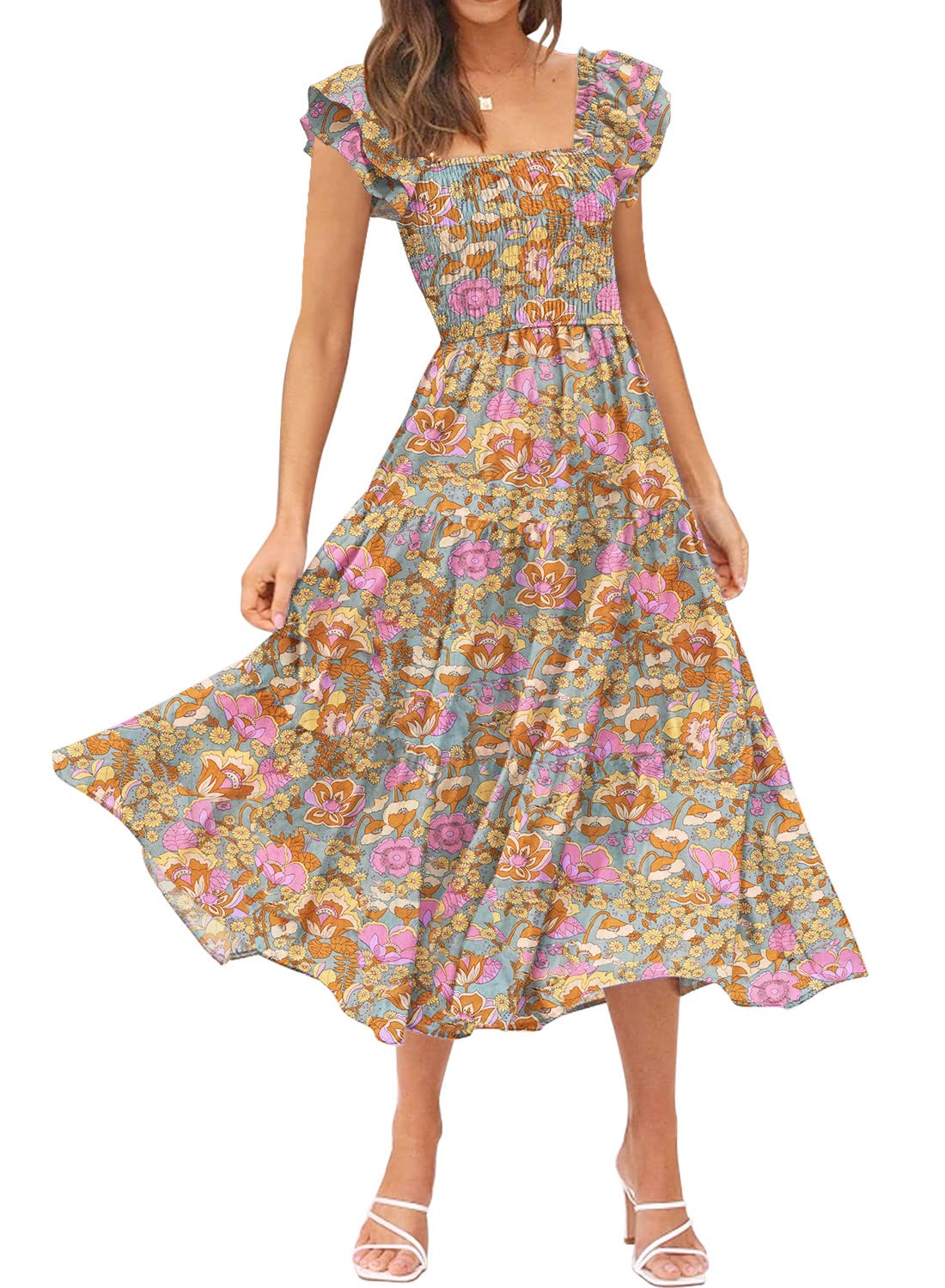 DOROSE Women's Summer Floral Dress Square Neck Smocked Boho Midi Dress Ruffle Tie Back Flowy Beach Long Tiered Dress