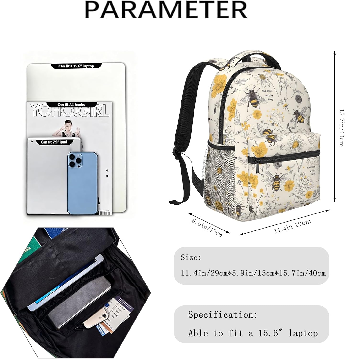 Bee and Flower Casual Backpack, Lightweight Laptop Bag Daypack, Inspirational Quotes Backpacks for Women Men Teens Students, Nature Polyester Bookbag Gifts for School Work Travel Hiking