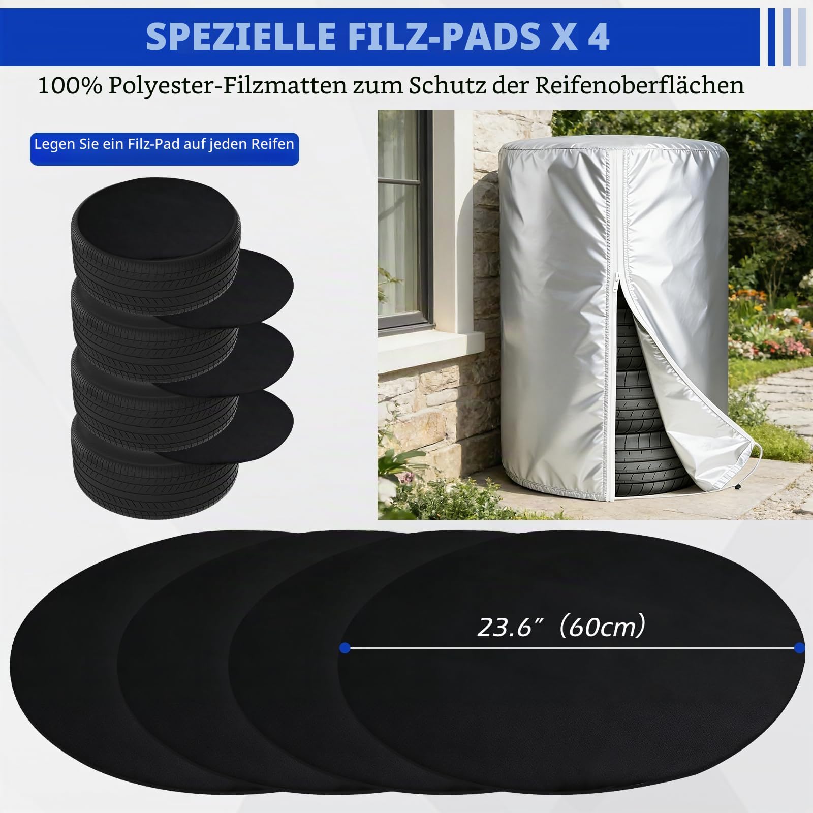 FreeTec Auto Reifentasche, 17-22 Zoll Reifenabdeckung Reifenschutzhülle Aufbewahrung für 4 Reifen, Sonnenschutz Winterabdeckung für Autoreifen Felgenbaum (80 x 117cm) (420D und 4 Matten)