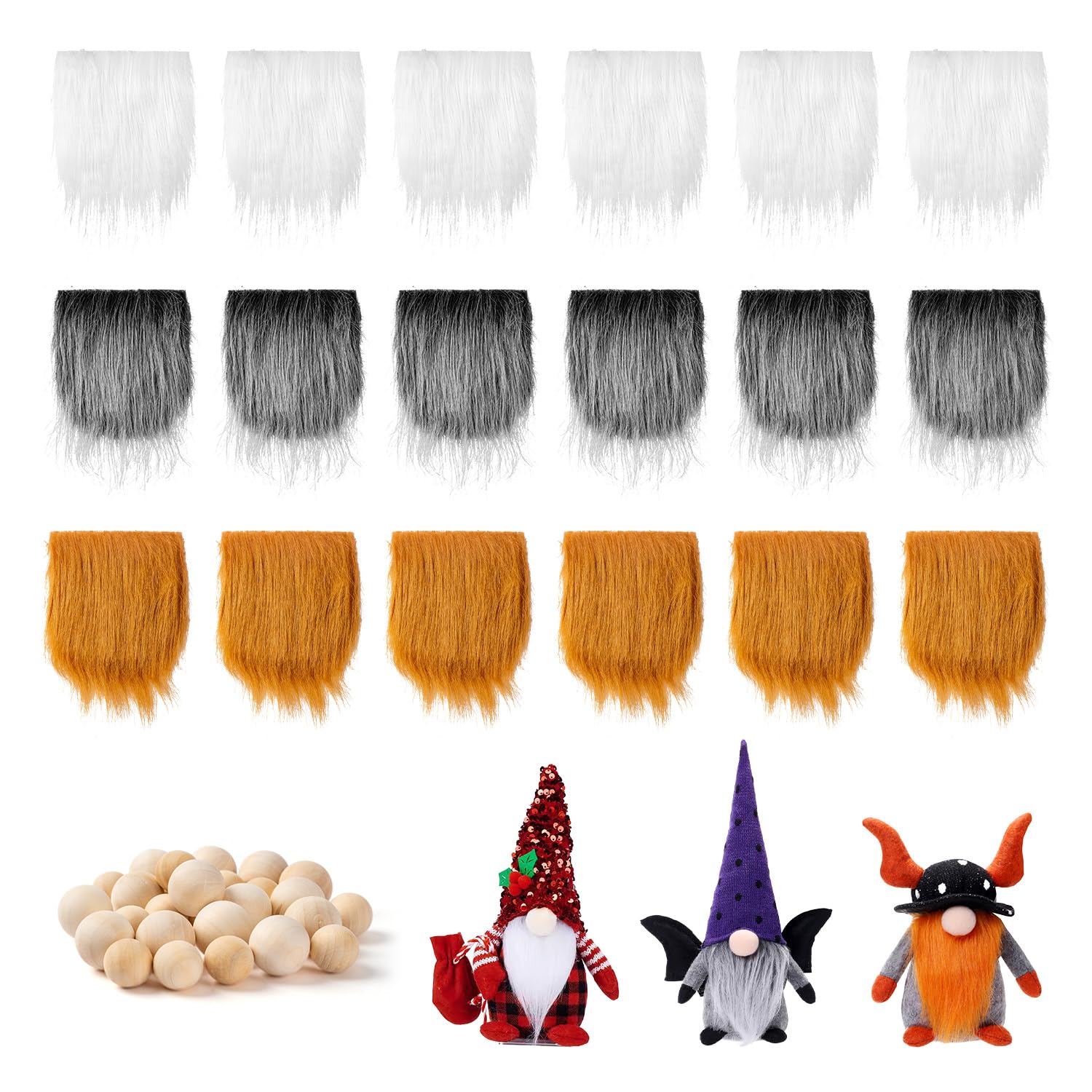 FFchuanhe 18-Pack Gnomes Beards for Crafting, Faux Fur Fabric Precut Gnomes Beards Wooden Balls Set, Suitable for Christmas Halloween Easter (Black and White, Gray, White)