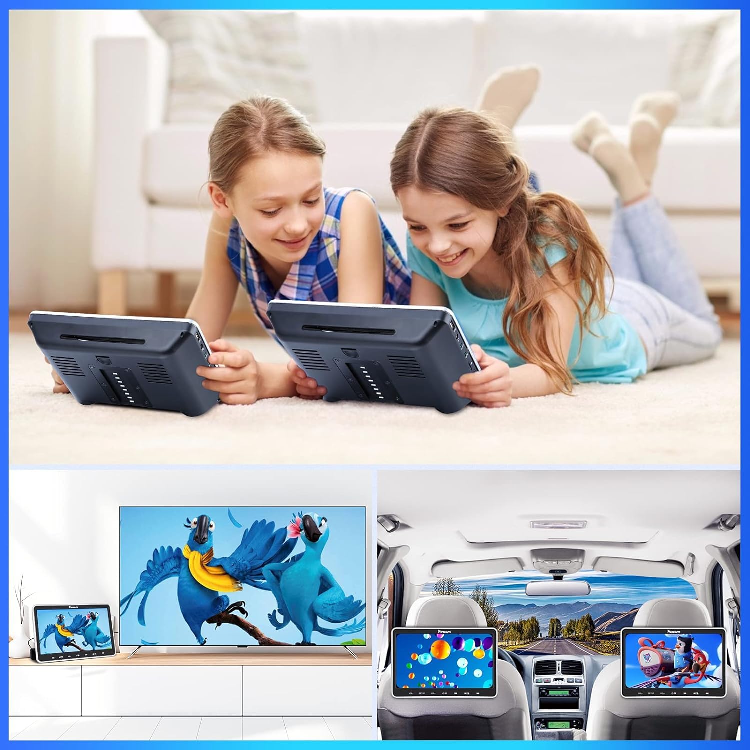 NAVISKAUTO Lettore DVD per poggiatesta auto, 2 monitor da 10,1", compatibile con HDMI/USB/SD/Region Free/AV-in e Out, cavo AV, 18 mesi di garanzia, per bambini
