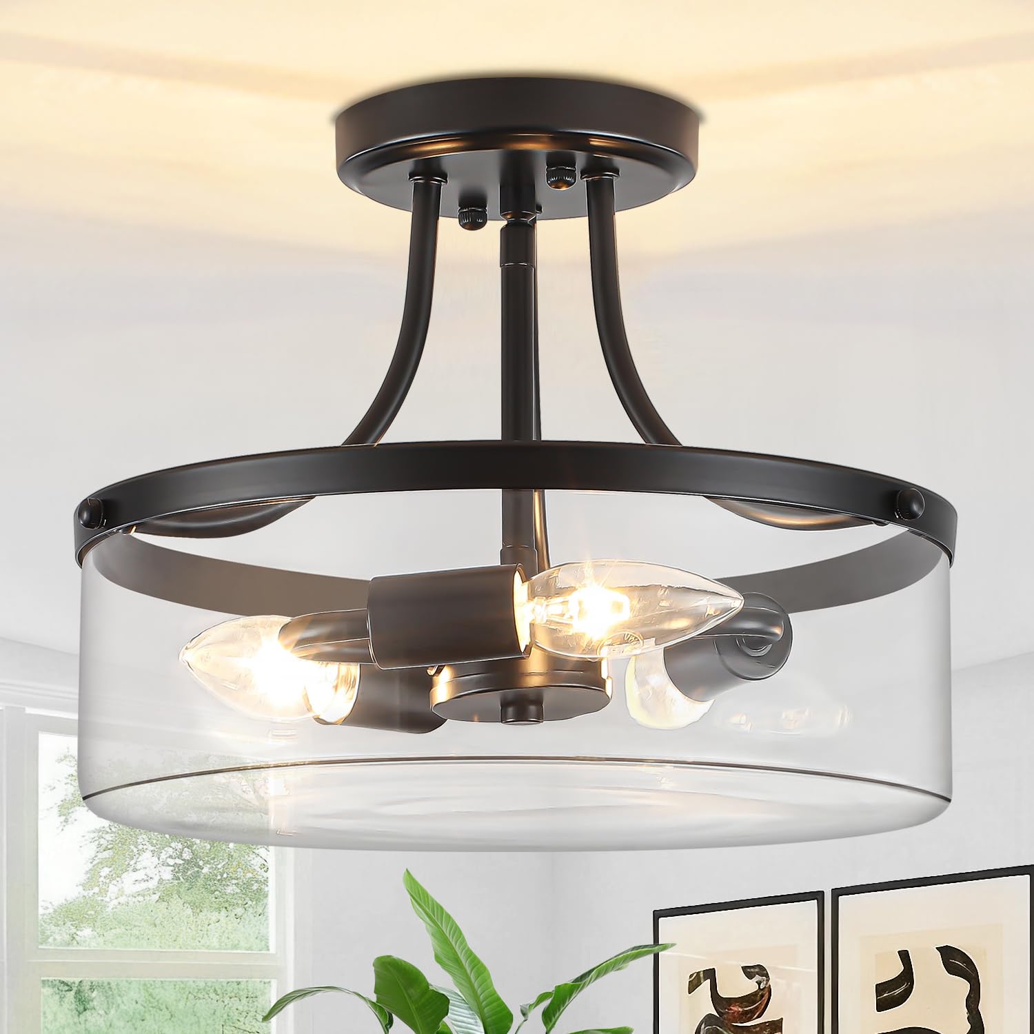 Photo 1 of 11.81" Black Semi Flush Mount Ceiling Light Modern Glass Light Fixture Industrial Hallway Lights 3-Light Close to Ceiling Light Fixtures for Entryway Bedroom Kitchen Dining Room Laundry Room Lighting