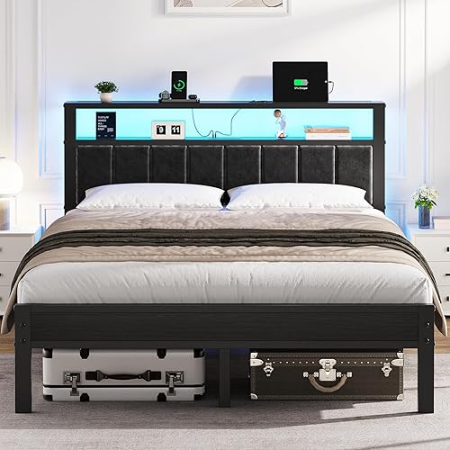 OLEVS Queen Size Bed Frame with LED Lights & Charging Station, Modern Platform Bed with 2-Tier Storage Headboard, No Box Spring Needed, Noise Free