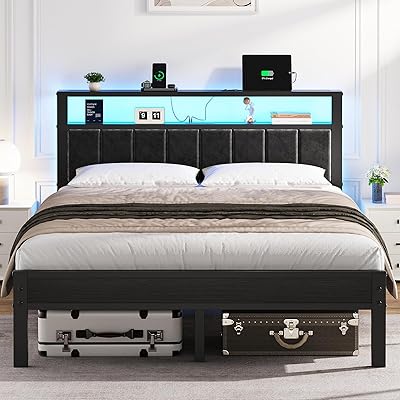 OLEVS Queen Size Bed Frame with LED Lights & Charging Station, Modern Platform Bed with 2-Tier Storage Headboard, No Box Spring Needed, Noise Free