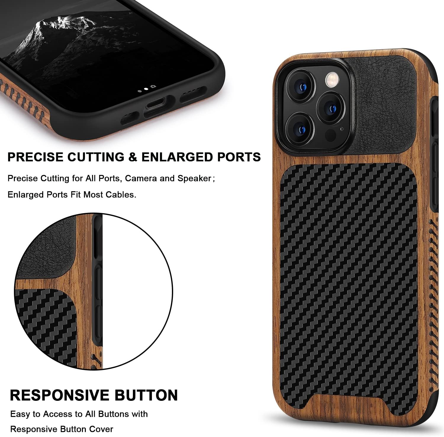 TENDLIN Magnetic Case Compatible with iPhone 13 Pro Max Case Wood Grain with Carbon Fiber Texture Design Leather Hybrid Slim Case (Compatible with MagSafe) Black