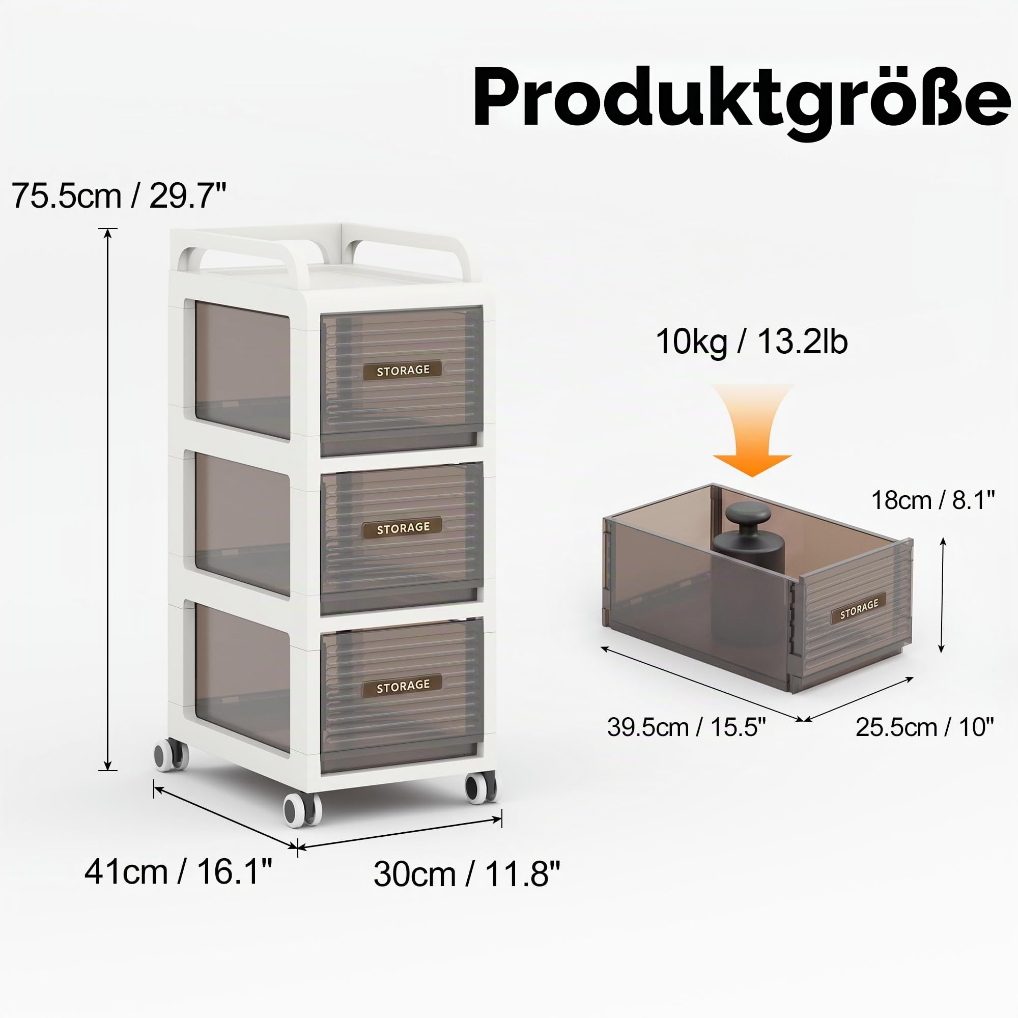 badezimmerschrank auf Rollen, 30cm badschrank schmal mit 3 Schubladen | Schubladenschrank, bathroom cabinet Für Küche, Büro, Schlafzimmer unter dem Schreibtisch, 66 cm hoch (30x41x75 cm)
