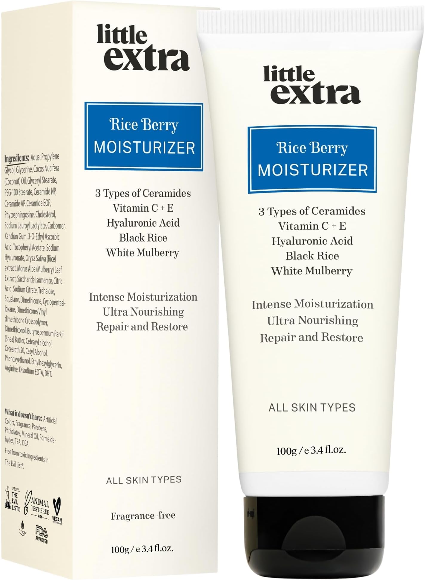 Little Extra Rice Berry Face Moisturizer, Lightweight & Non-Sticky for Glowing Skin, Brightening with Black Rice Water, Ceramides, Vitamin C, Hyaluronic Acid, Men & Women, All Skin Types, 100g