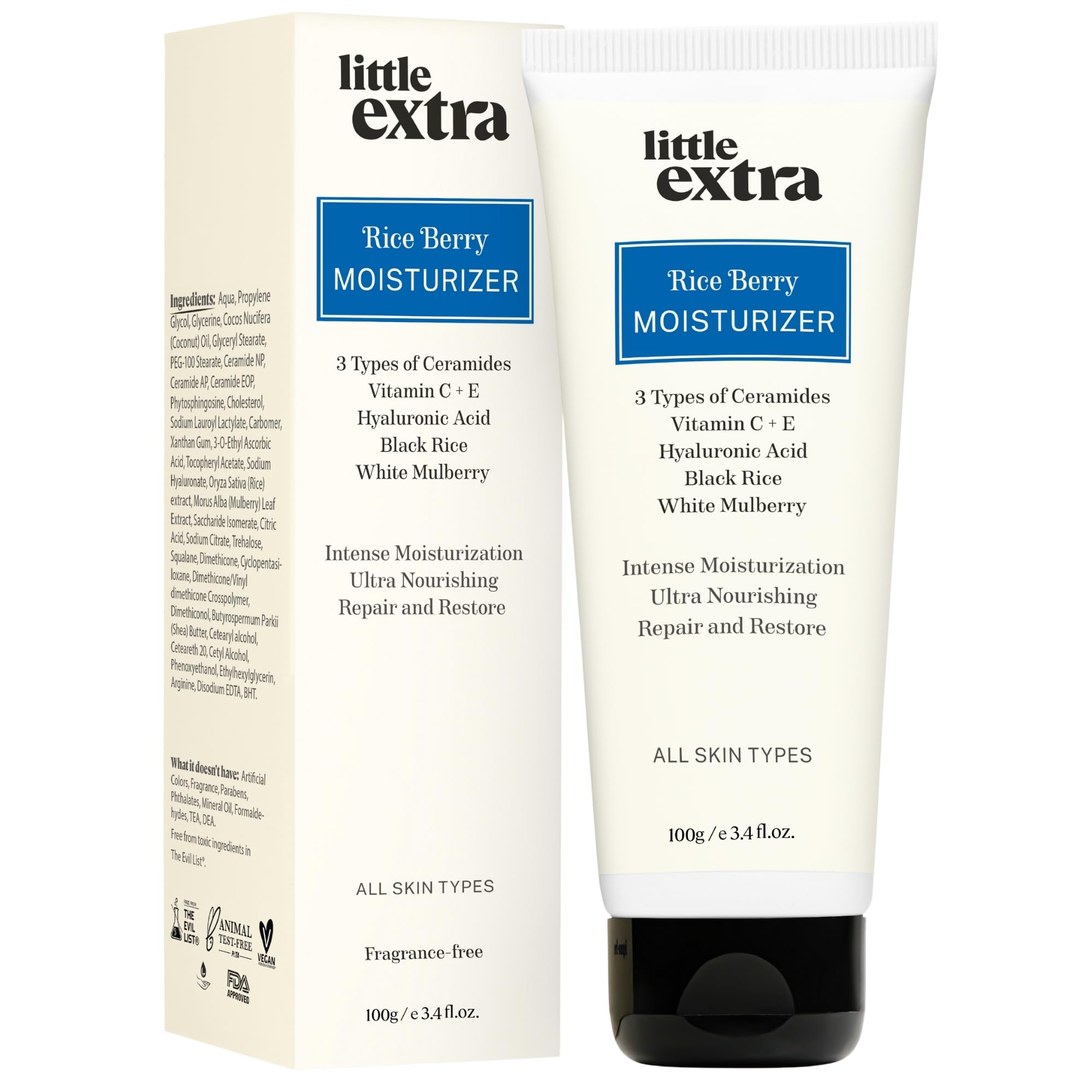 Little Extra Rice Berry Face Moisturizer, Lightweight & Non-Sticky for Glowing Skin, Brightening with Black Rice Water, Ceramides, Vitamin C, Hyaluronic Acid, Men & Women, All Skin Types, 100g
