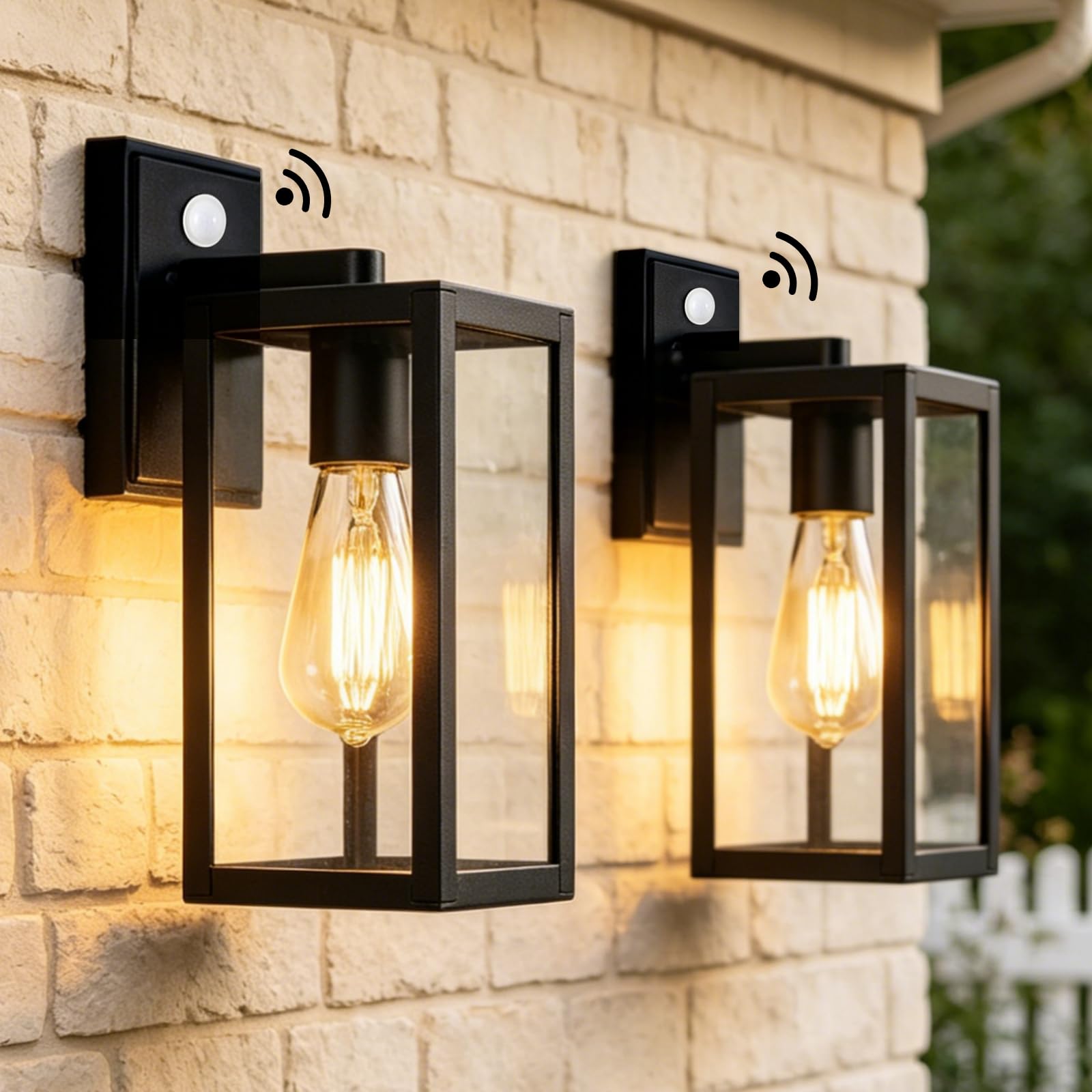 Zewnętrzna lampa ścienna z czujnikiem ruchu, lampa ścienna PIR zewnętrzna E27 czarna, 2 sztuki | Wysokiej jakości aluminiowy czujnik zmierzchu; do drzwi wejściowych, garażu lub tarasu. Światło bezpieczeństwa