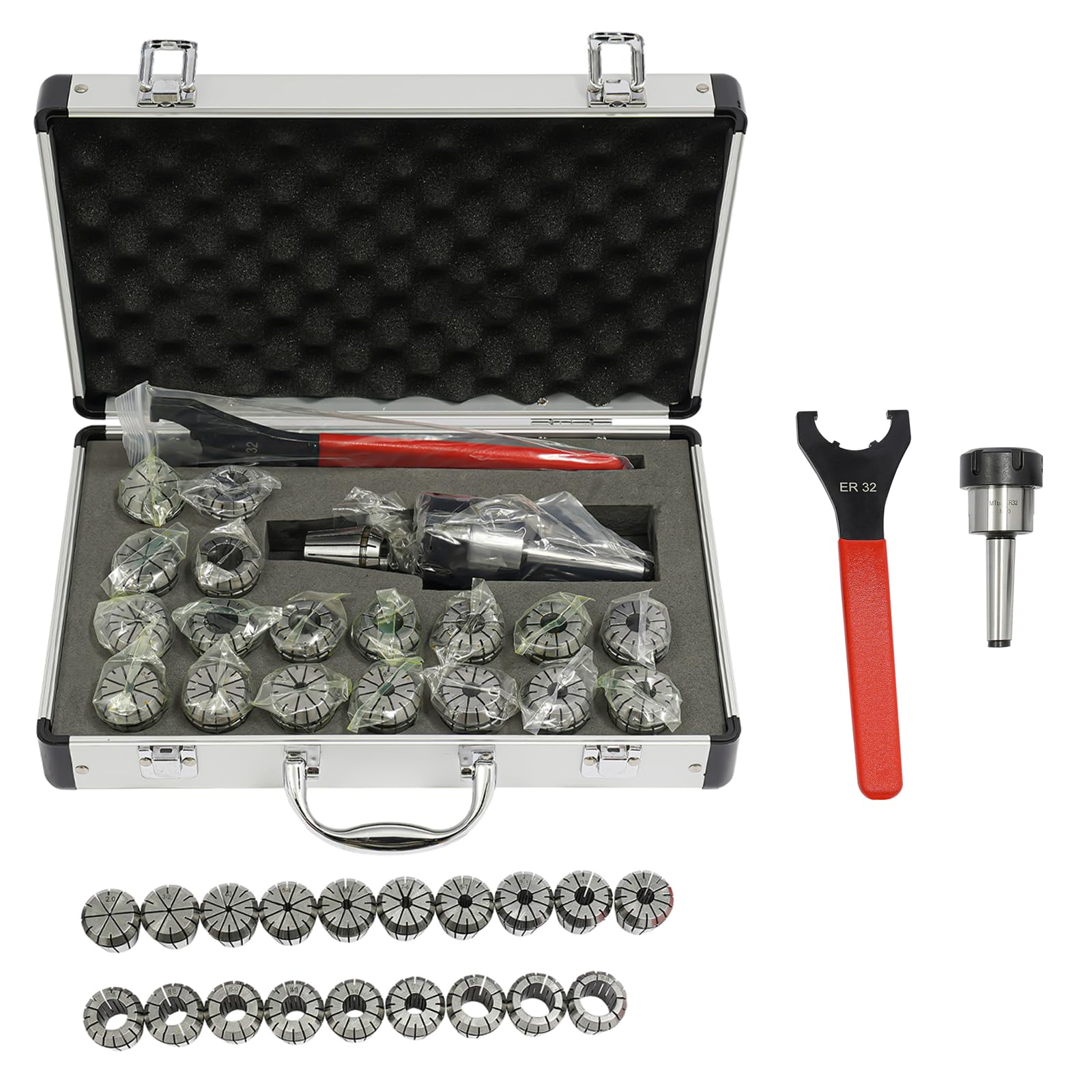 Set di 21 pezzi, MK2 MT2 ER32 M10 dedicato 2 – 20 mm di precisione Dedicato tenditore mandrino CNC strumento con scatola di trasporto per fresatrice trapano, tornio CNC filettato
