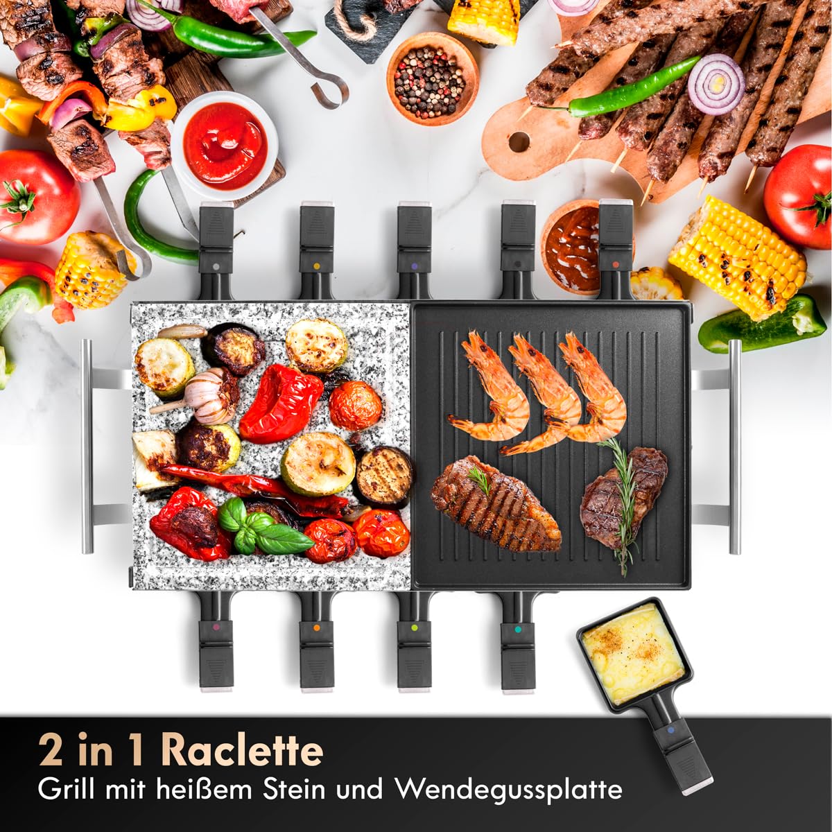 ProfiCook Grill raclette 2in1, raclette 10 persone, raclette con piano in pietra e piano cottura, antiaderente, impugnature isolate termicamente, termostato continuo,1700 Watt, acciaio inox,PC-RG 1144