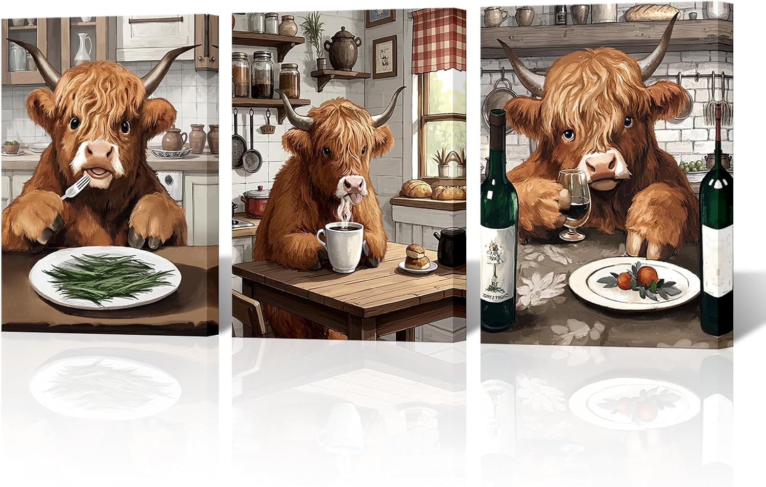 NutArtPic Kitchen Wall Art Highland Cow Picture Prints Funny Animal Dining Room Canvas Brown Kitchen Wall Decor 12''x16''x3