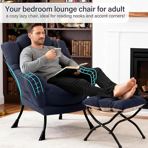Miniatura 8 de Silla Lazy con otomana, silla decorativa moderna con almohada lumbar, sillas cómodas con reposapiés plegable para dormitorio, lectura, sillas de