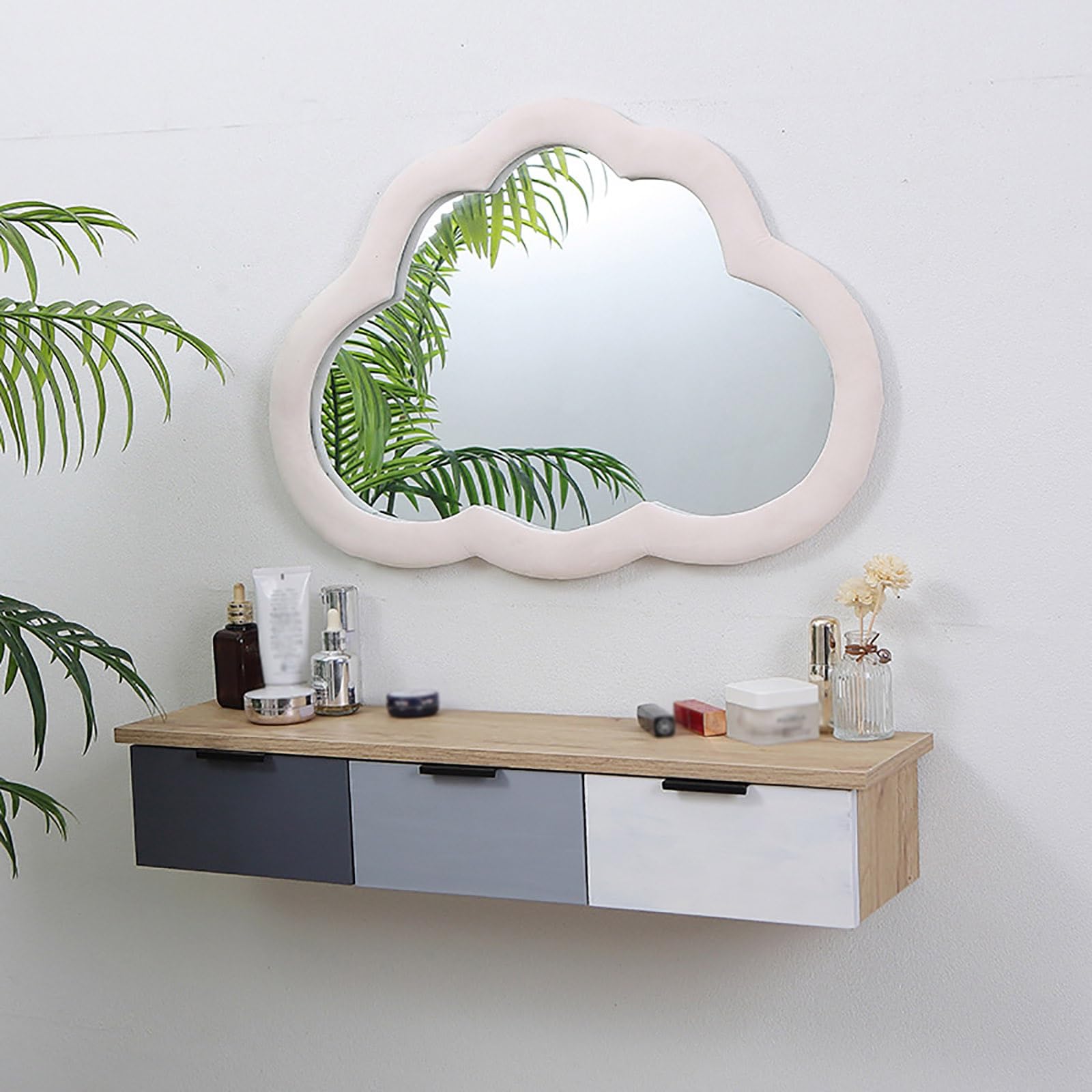 asdchZen Space-Saving Makeup Vanity Desk With Cloud Mirror, 3-Drawer Dressing Table, Stylish Vanity Set For Small Spaces-Modern Design,A