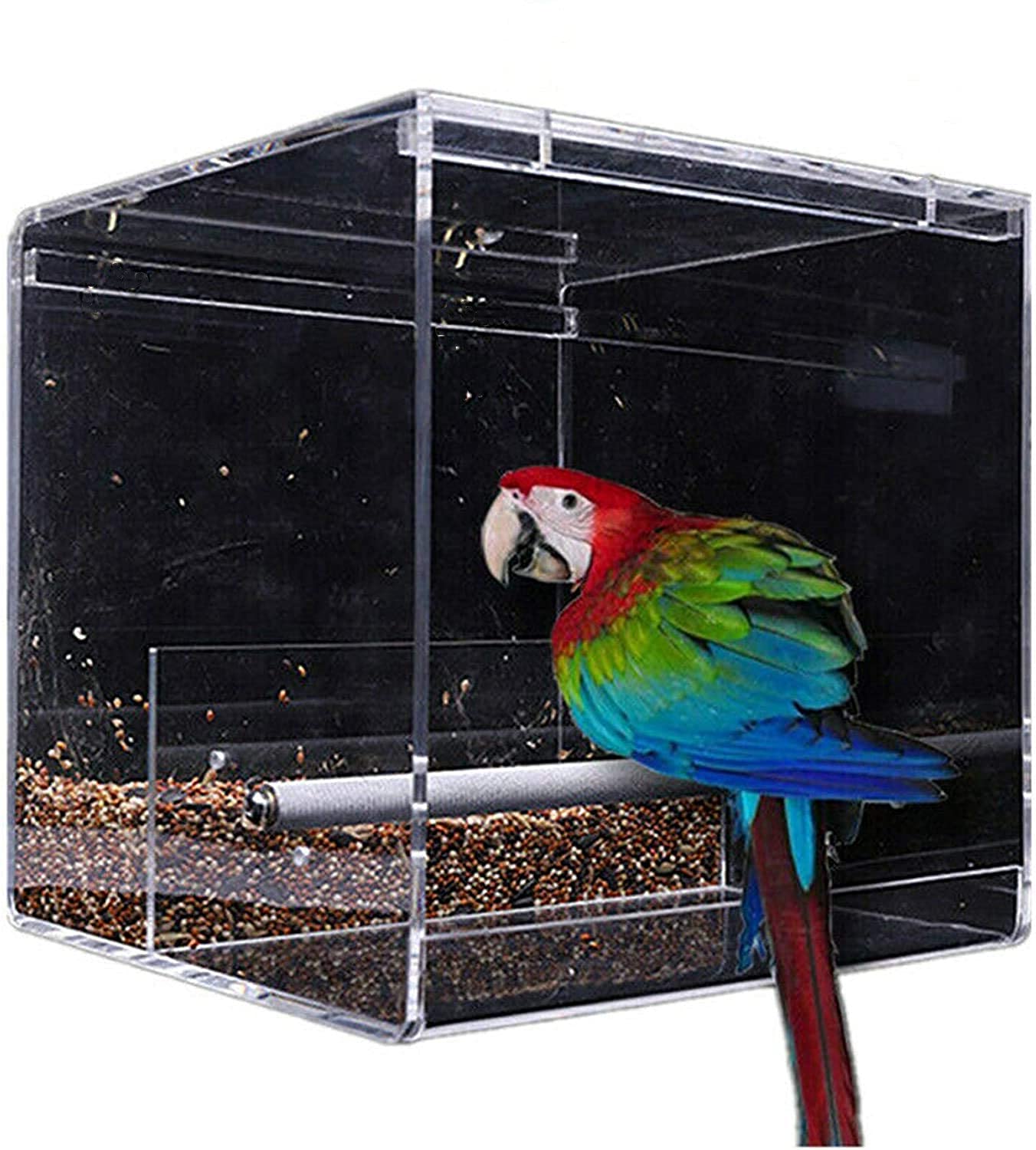 Automatic Bird Feeder No Mess Bird Cage Pet Feeder Seed Food Container for Parakeet Canary Cockatiel Parrot Finch Canary Acrylic (5.1 x 4.3 x 5.1 inch)