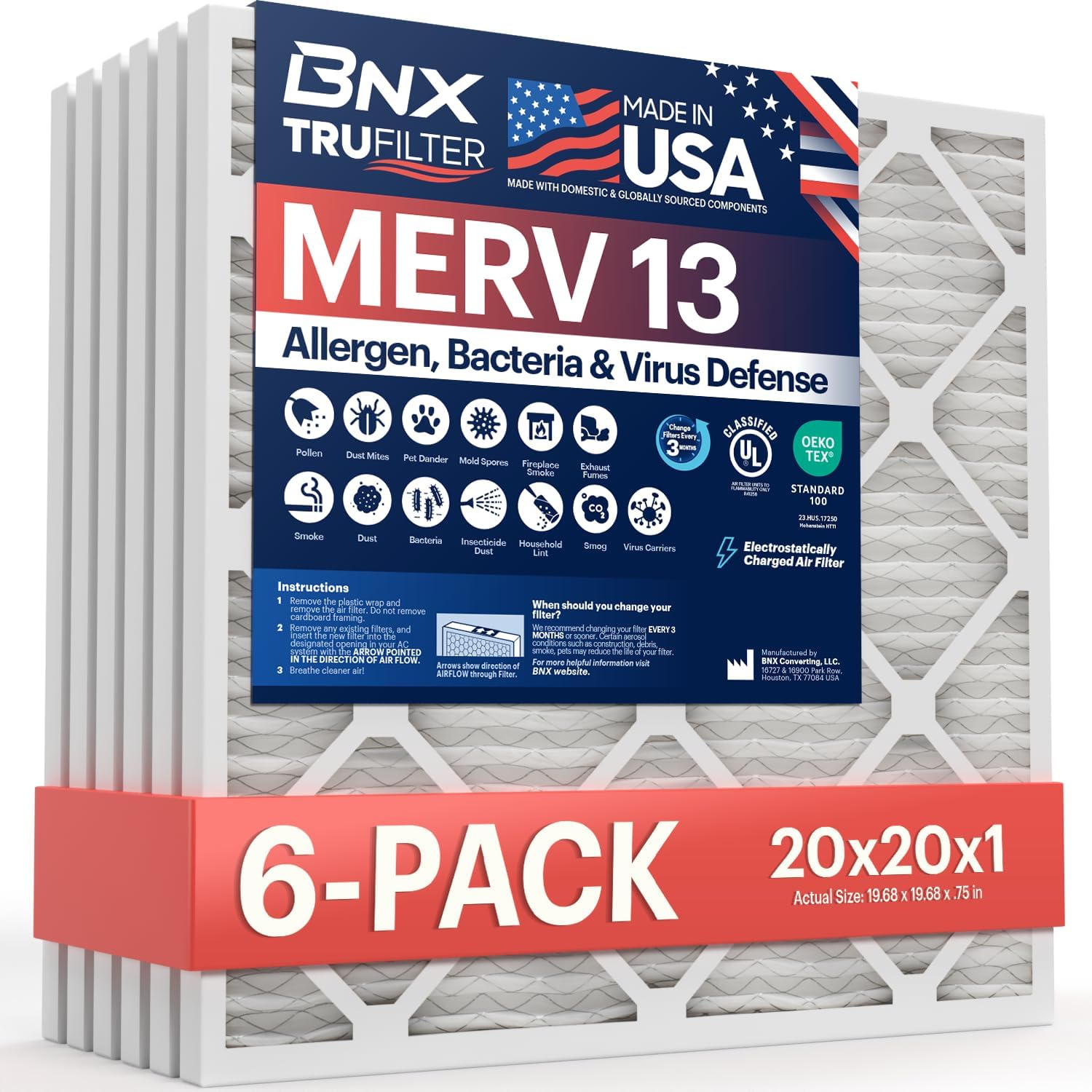 BNX 20x20x1 Air Filter MERV 13 HVAC AC Furnace Dust Pet Allergen 6-Pack | Electrostatic Charged Air Filter, Made in USA
