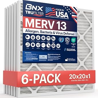 BNX 20x20x1 Air Filter MERV 13 HVAC AC Furnace Dust Pet Allergen 6-Pack | Electrostatic Charged Air Filter, Made in USA