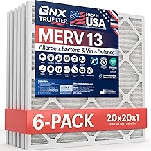 BNX TruFilter 20x20x1 Air Filter MERV 13 (6-Pack) - MADE IN USA - Electrostatic Pleated Air Conditioner HVAC AC Furnace Filters for Allergies, Pollen, Mold, Bacteria, Smoke, Allergen, MPR 1900 FPR 10