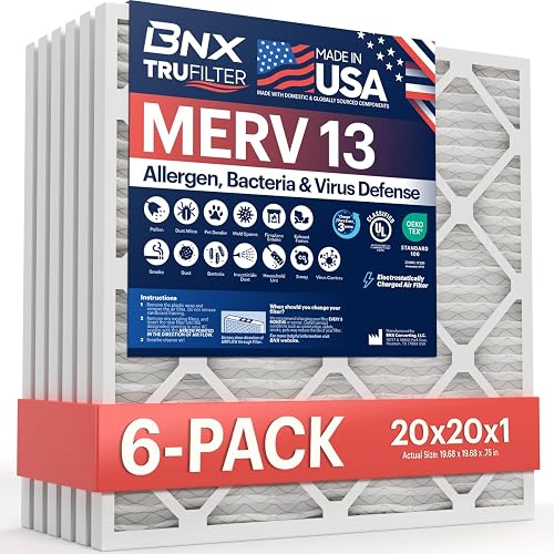 BNX TruFilter 20x20x1 Air Filter MERV 13 (6-Pack) - MADE IN USA - Electrostatic Pleated Air Conditioner HVAC AC Furnace Filters for Allergies, Pollen, Mold, Bacteria, Smoke, Allergen, MPR 1900 FPR 10 - 20x20x1 6-Pack