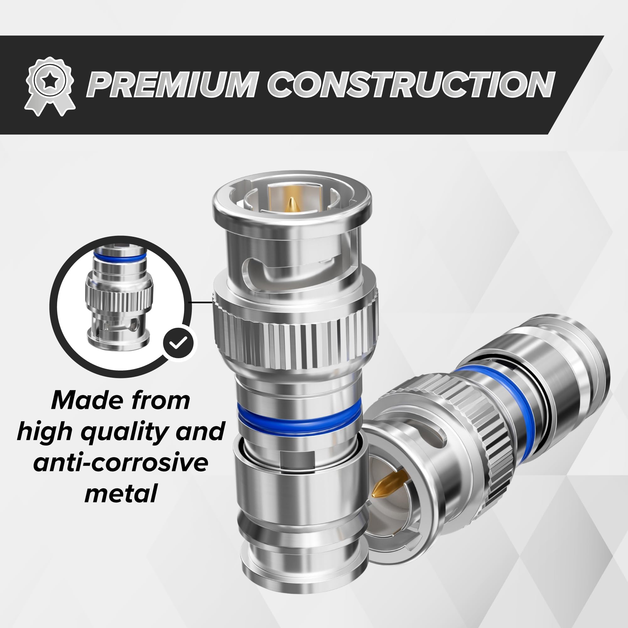 THE CIMPLE CO BNC-Kompressionsstecker für RG6-Koaxialkabel – RG6-BNC-Stecker für Überwachungskameras, CCTV, SDI, HD-SDI – Koaxialkabelenden, 100 Stück