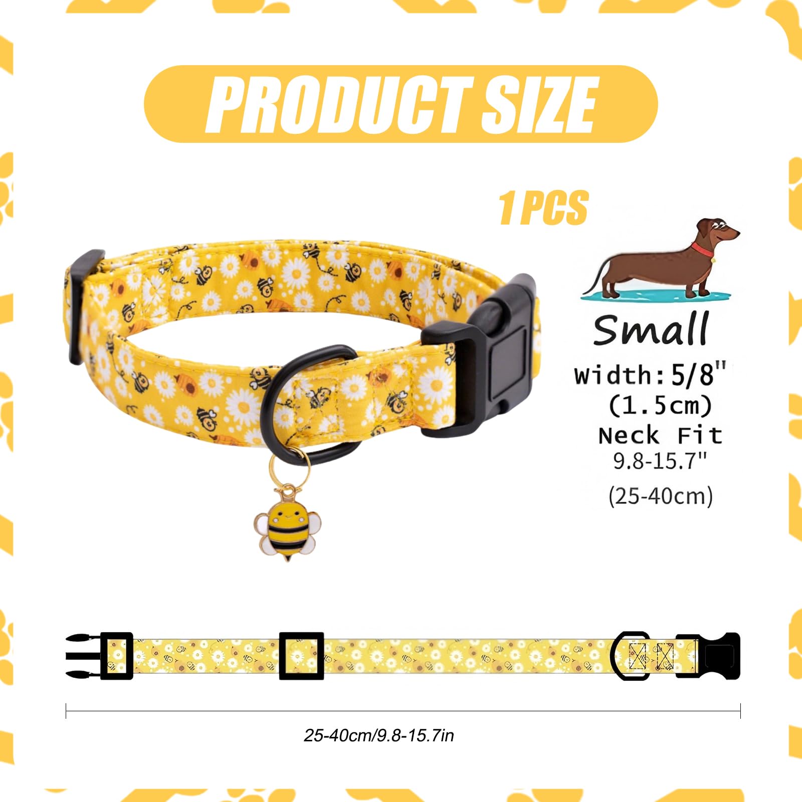 Soft Adjustable Dog Collar,Dog Collar with Colorful Flowers Printed (Yellow Bee, S(Neck 25-40cm,Width 1.5cm)) - Image 2