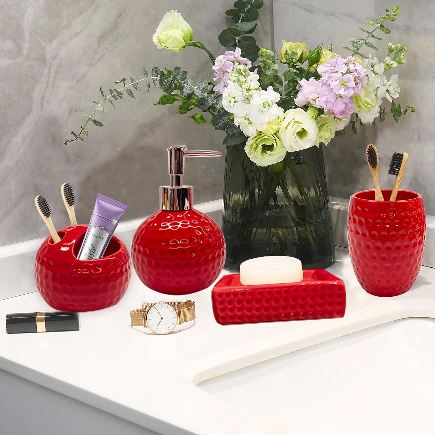 Bathroom Accessories Set,4 Pcs Red Ceramic Bathroom Accessory Set Complete with Toothbrush Holder,Tumbler,Lotion Dispenser, Soap Dish Perfect for Bathroom Theme Gift