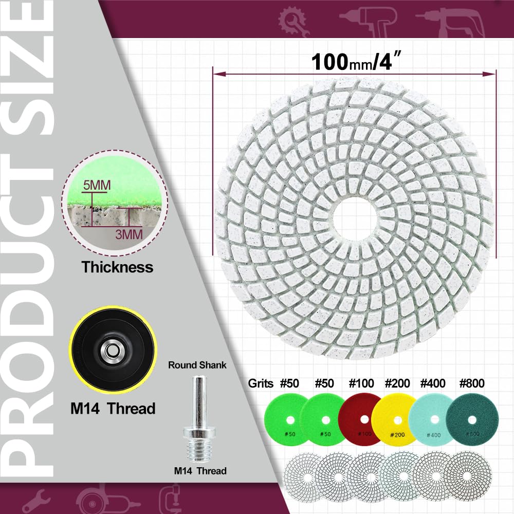 Disques de Polissage Diamant 8 Pièces 100mm Grain 50-800 pour Marbre Granit Quartz