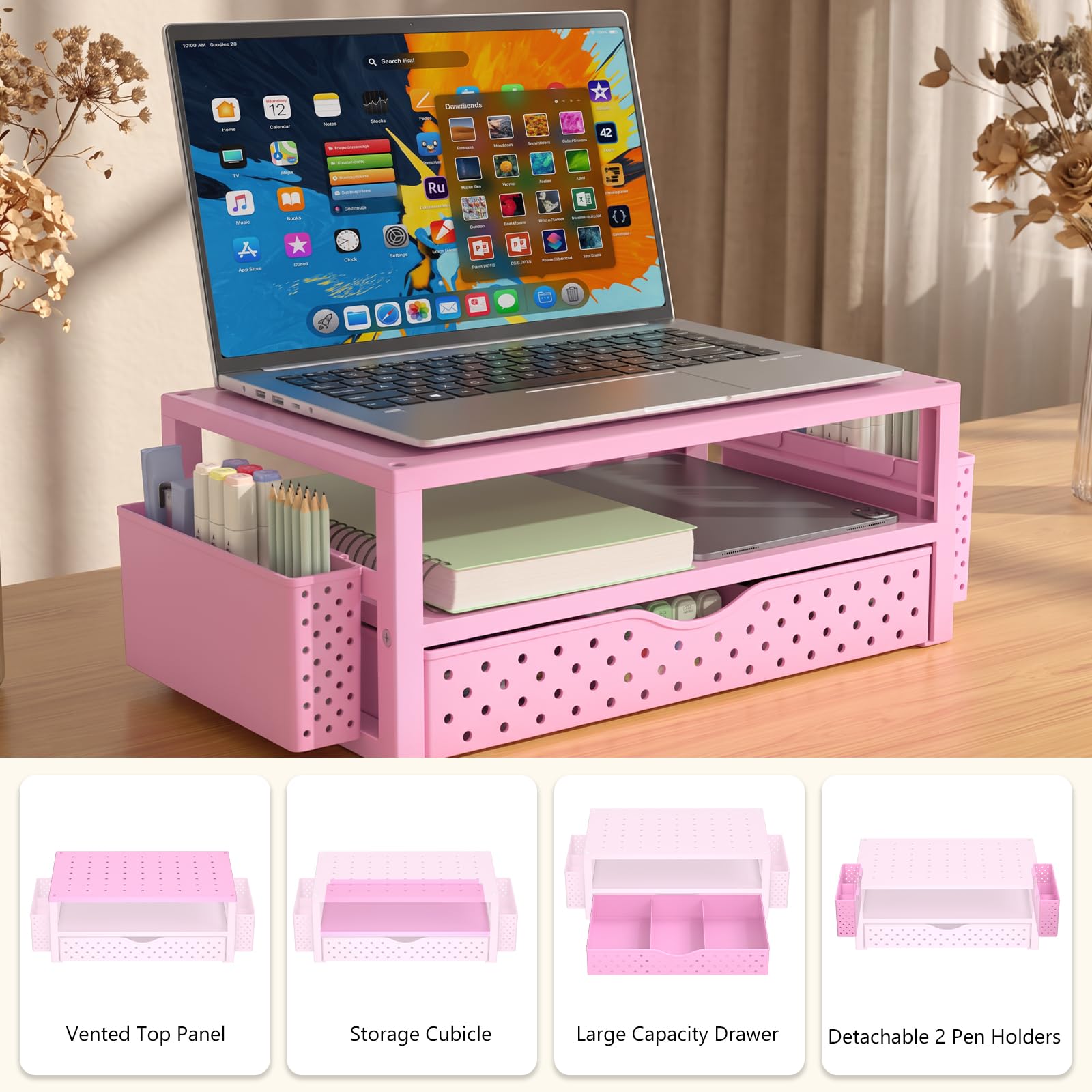 WALI Desk Organizer with Drawer and Pen Holder, 3 Tier Computer Monitor Stand for Home Office Supplies, Laptop Stand Riser for Computer, Laptop, Printer(PTT004-P), 1 Pack, Pink view 7