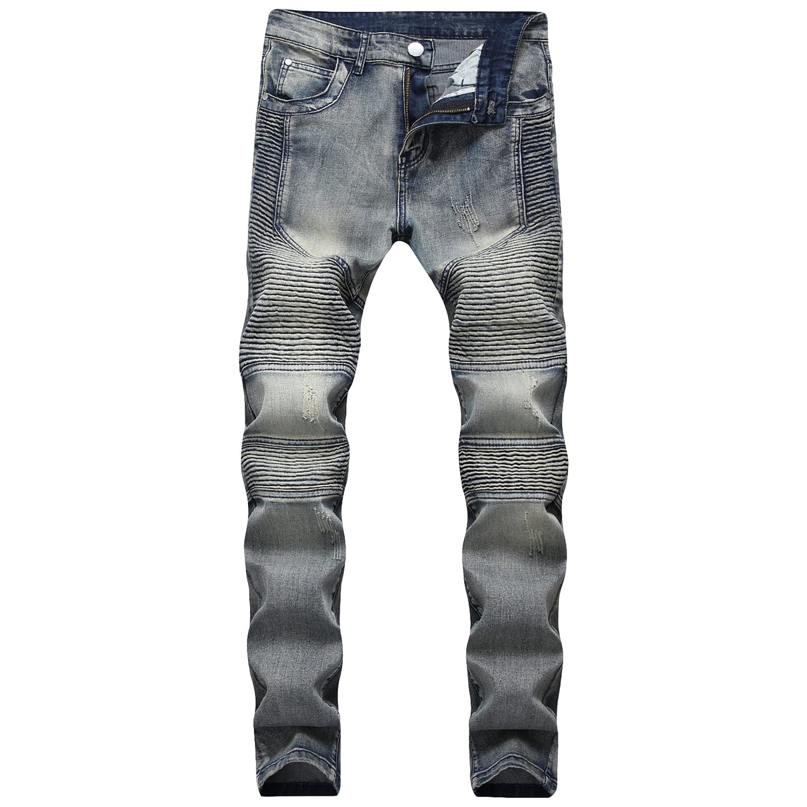 Maiyifu-GJ Men's Destroyed Ripped Stretch Jeans Distressed Multi Pockets Biker Denim Pants Slim Zipper Moto Jean Trousers (Blue 6,29)