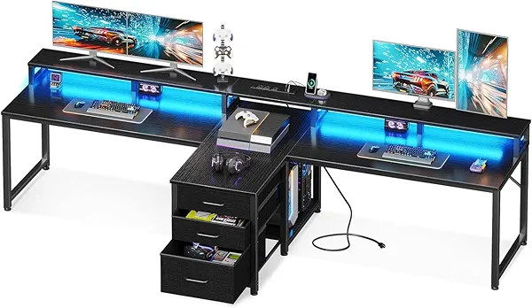 Casaottima 94 Inch 2 Person Home Office Computer Desk with Power Outlet & LED Light, Fabric Drawers & File Cabinet, Long Writing Desk with Monitor Stand, Storage Shelves, Study/Work Table, Black