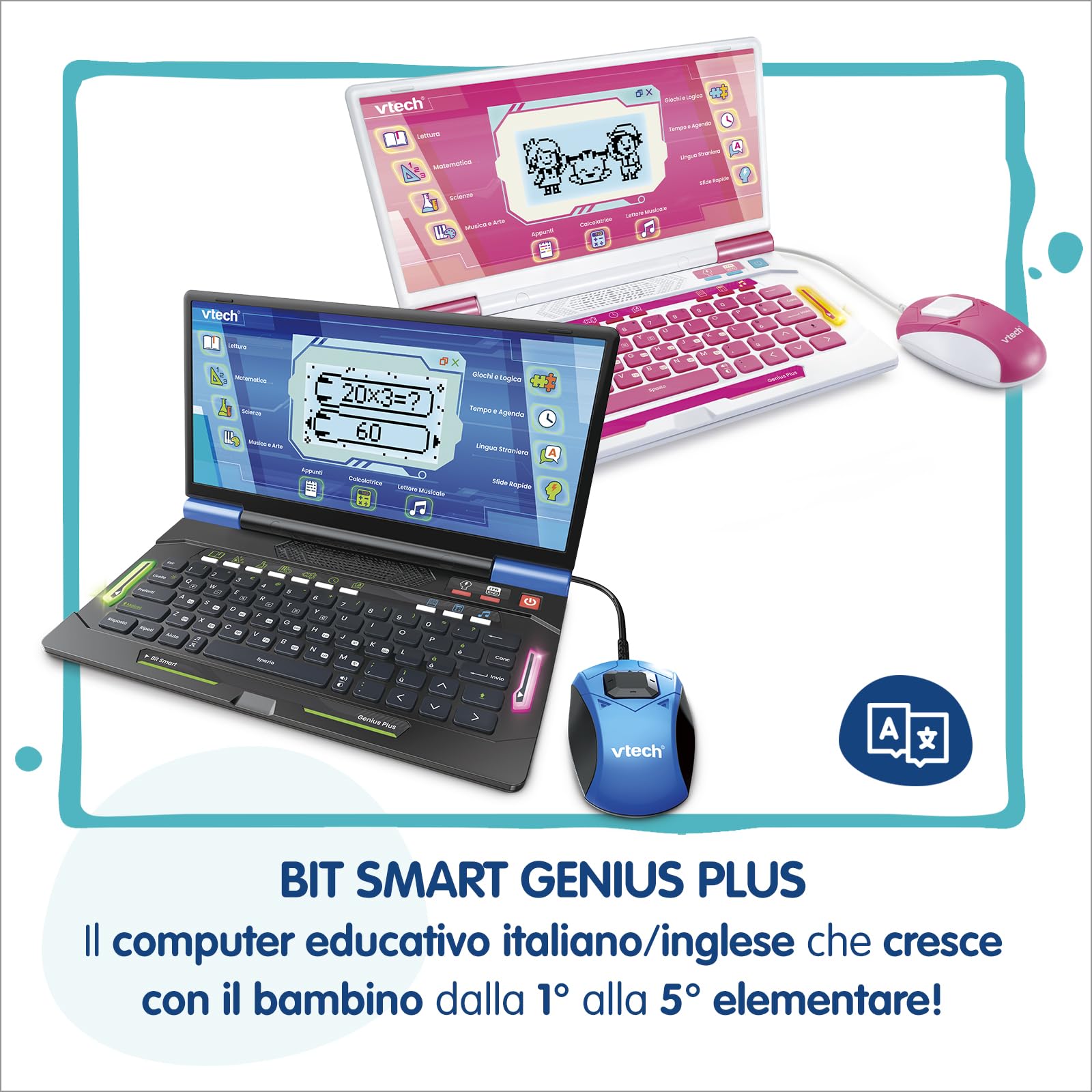 VTech Bit Smart Genius Plus Nero, Computer Interattivo Bambini, Computer con Mouse Incluso, 164 Attività, Computer Didattico Bilingue Italiano e Inglese, Tastiera QWERTY, Batterie Incluse, 6-11 Anni